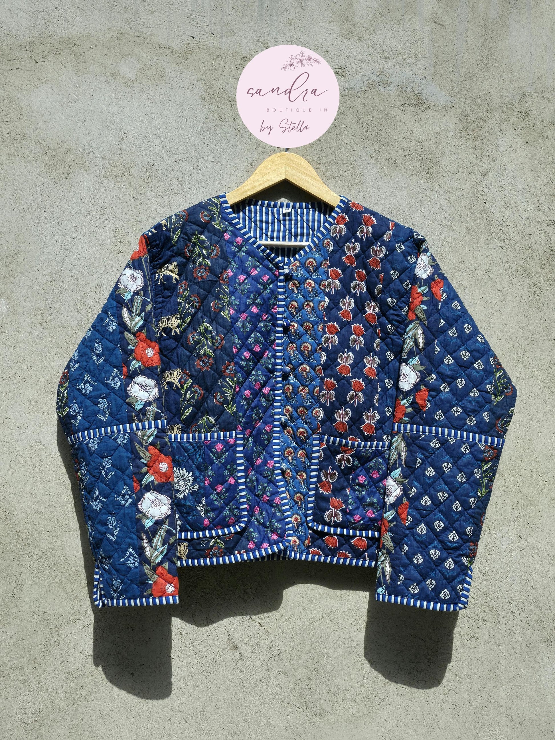 Indian Handmade Patchwork Cotton Quilted Jacket, Vintage Blue New Style Cotton Quilted Jacket, Reversible Women's Boho Coat, Gift for Her