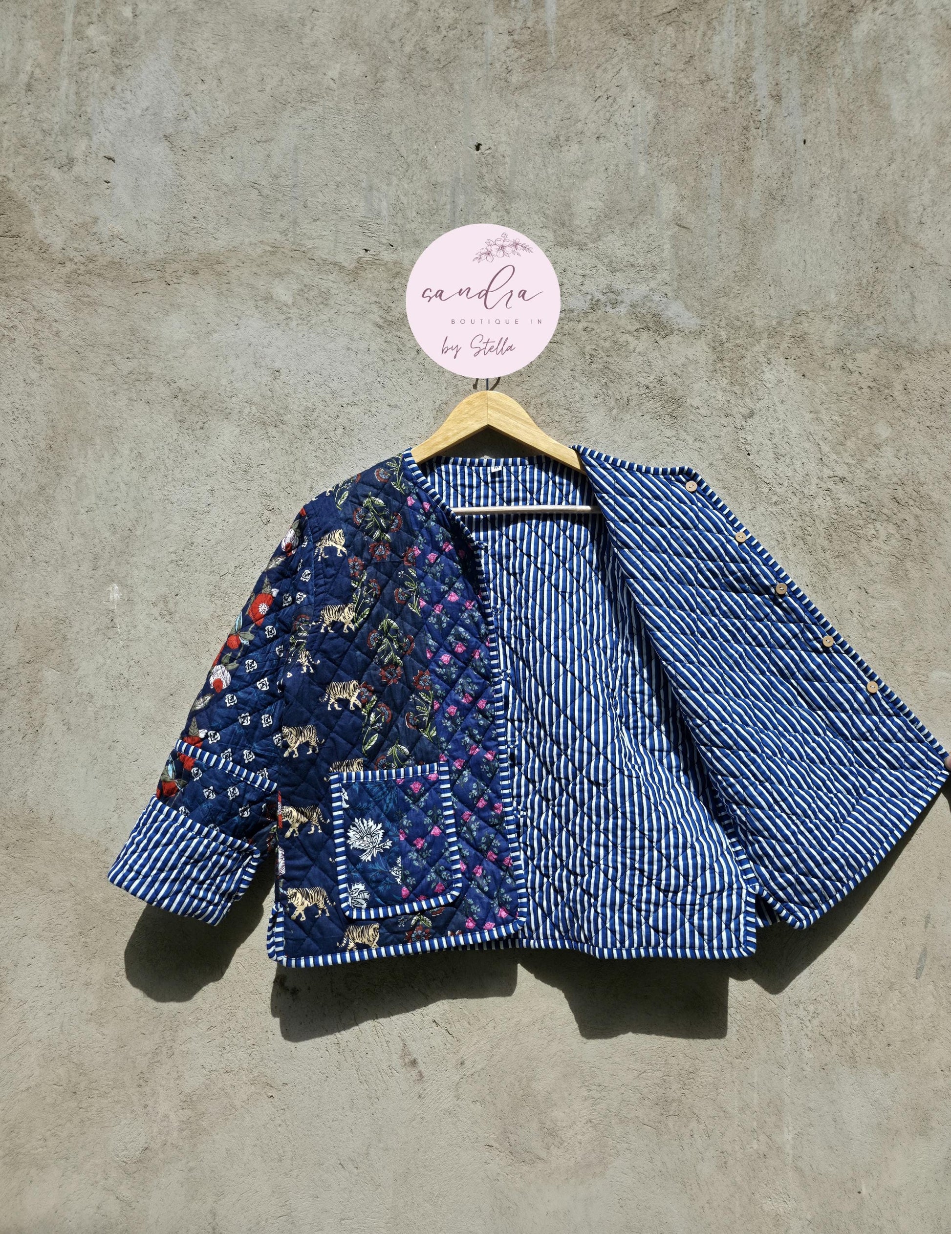 Indian Handmade Patchwork Cotton Quilted Jacket, Vintage Blue New Style Cotton Quilted Jacket, Reversible Women's Boho Coat, Gift for Her