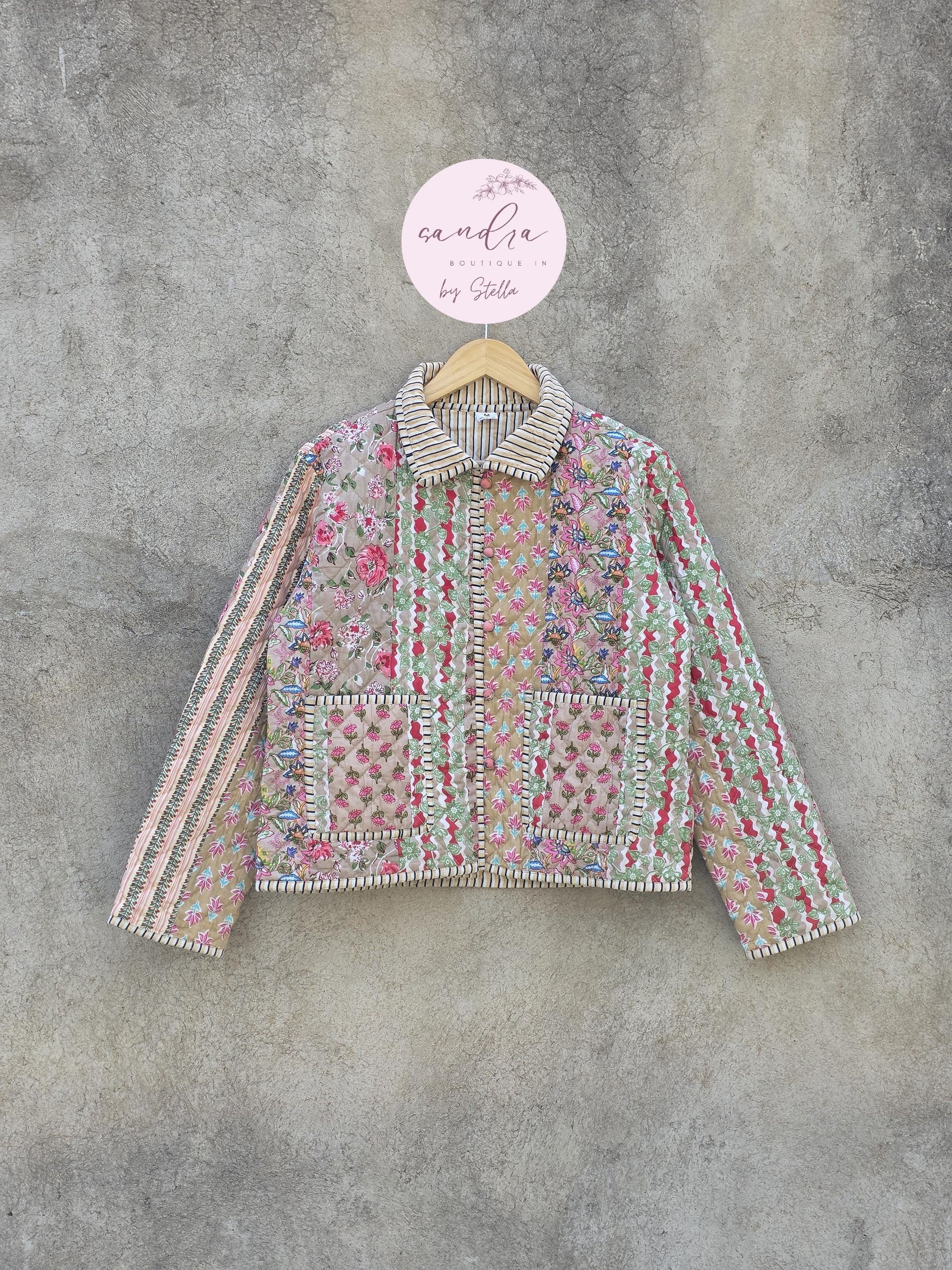 Indian Handmade Patchwork Cotton Quilted Jacket, Vintage Beige New Style Cotton Quilted Jacket, Reversible Women's Boho Coat, Gift for Her