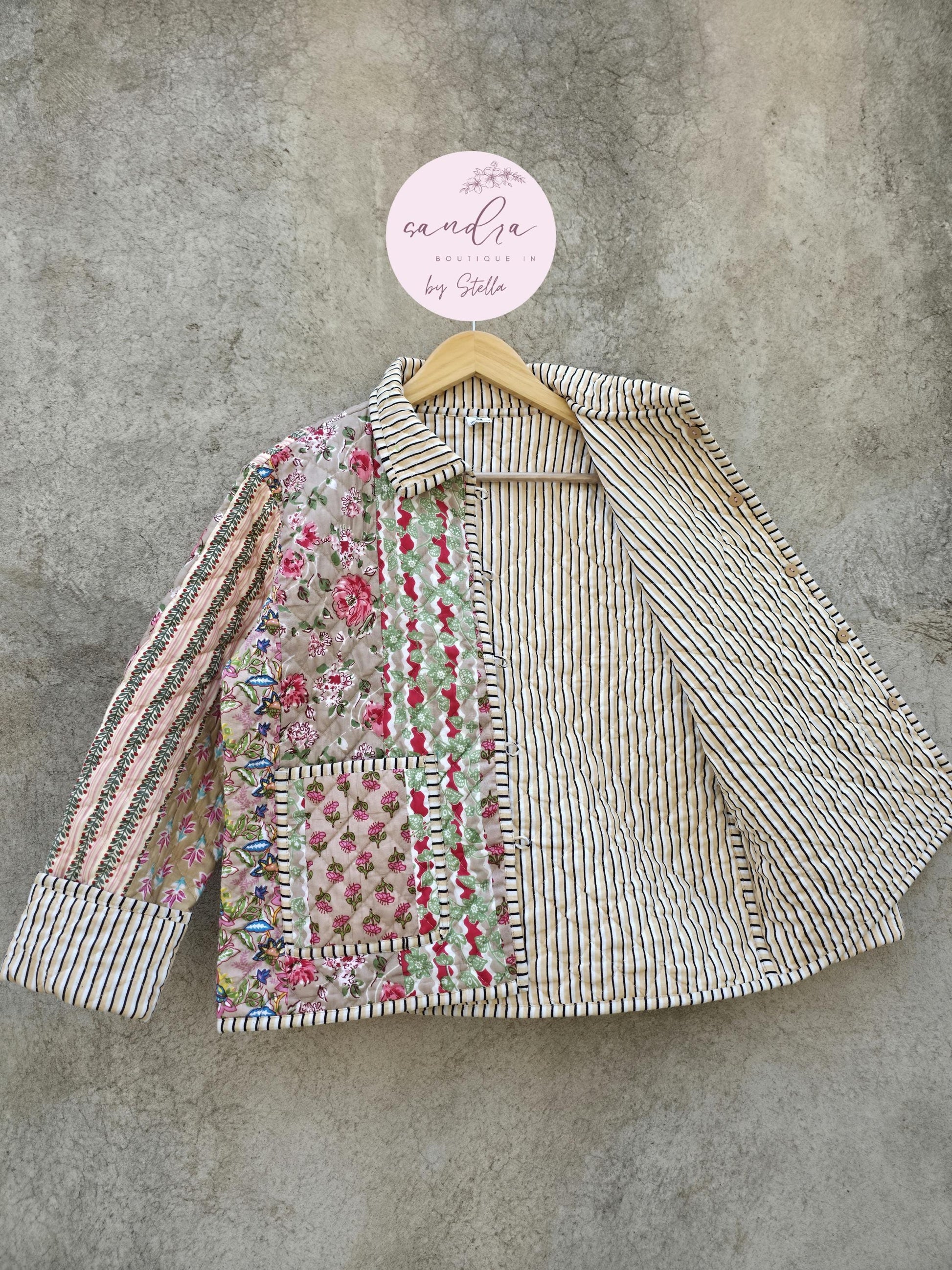 Indian Handmade Patchwork Cotton Quilted Jacket, Vintage Beige New Style Cotton Quilted Jacket, Reversible Women's Boho Coat, Gift for Her