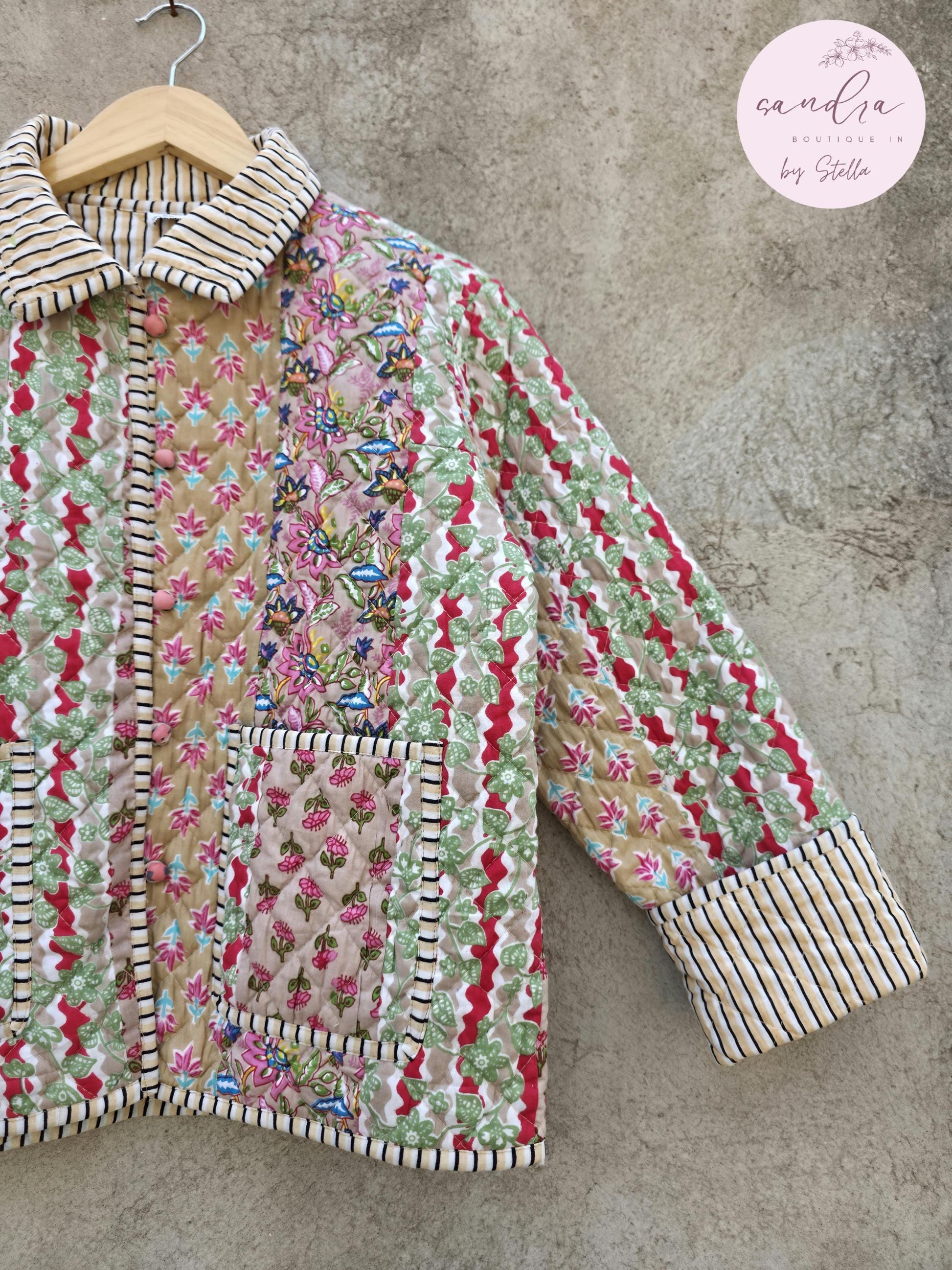 Indian Handmade Patchwork Cotton Quilted Jacket, Vintage Beige New Style Cotton Quilted Jacket, Reversible Women's Boho Coat, Gift for Her