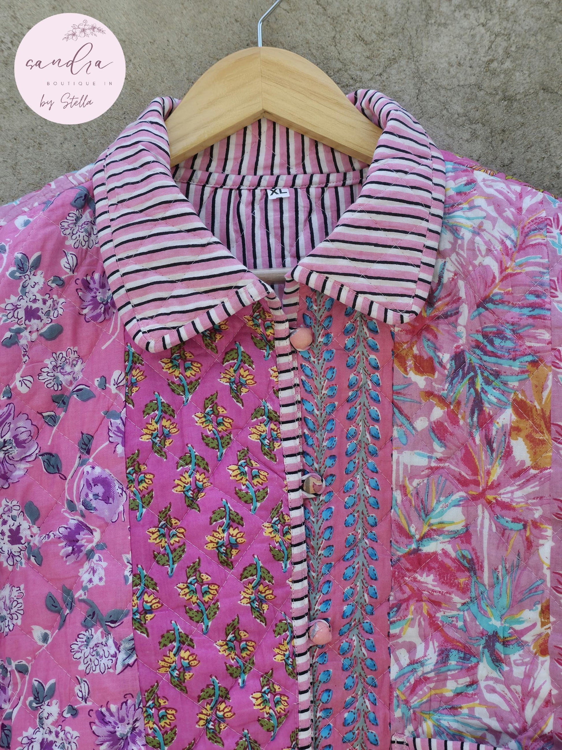 Indian Handmade Patchwork Cotton Quilted Jacket, Vintage Pink New Style Cotton Quilted Jacket, Reversible Women's Boho Coat, Gift for Her