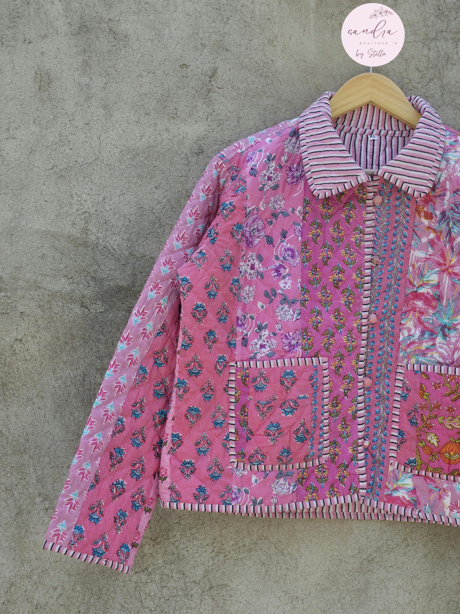 Indian Handmade Patchwork Cotton Quilted Jacket, Vintage Pink New Style Cotton Quilted Jacket, Reversible Women's Boho Coat, Gift for Her