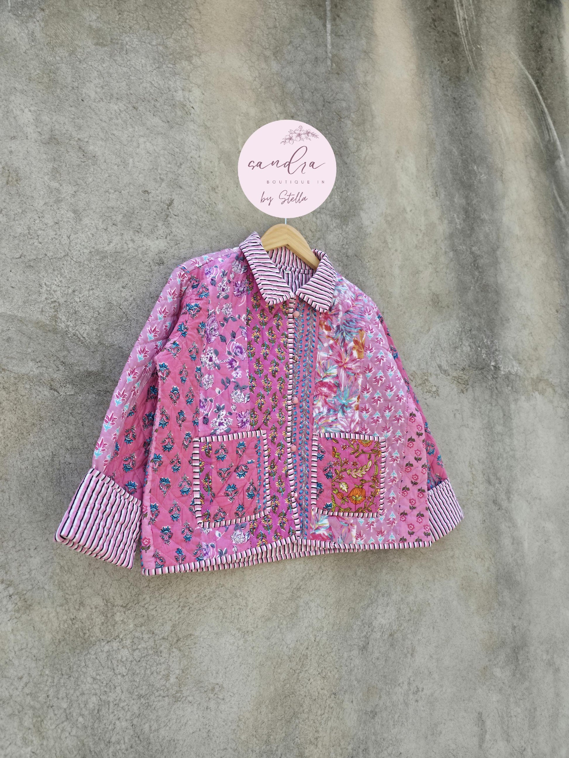 Indian Handmade Patchwork Cotton Quilted Jacket, Vintage Pink New Style Cotton Quilted Jacket, Reversible Women's Boho Coat, Gift for Her