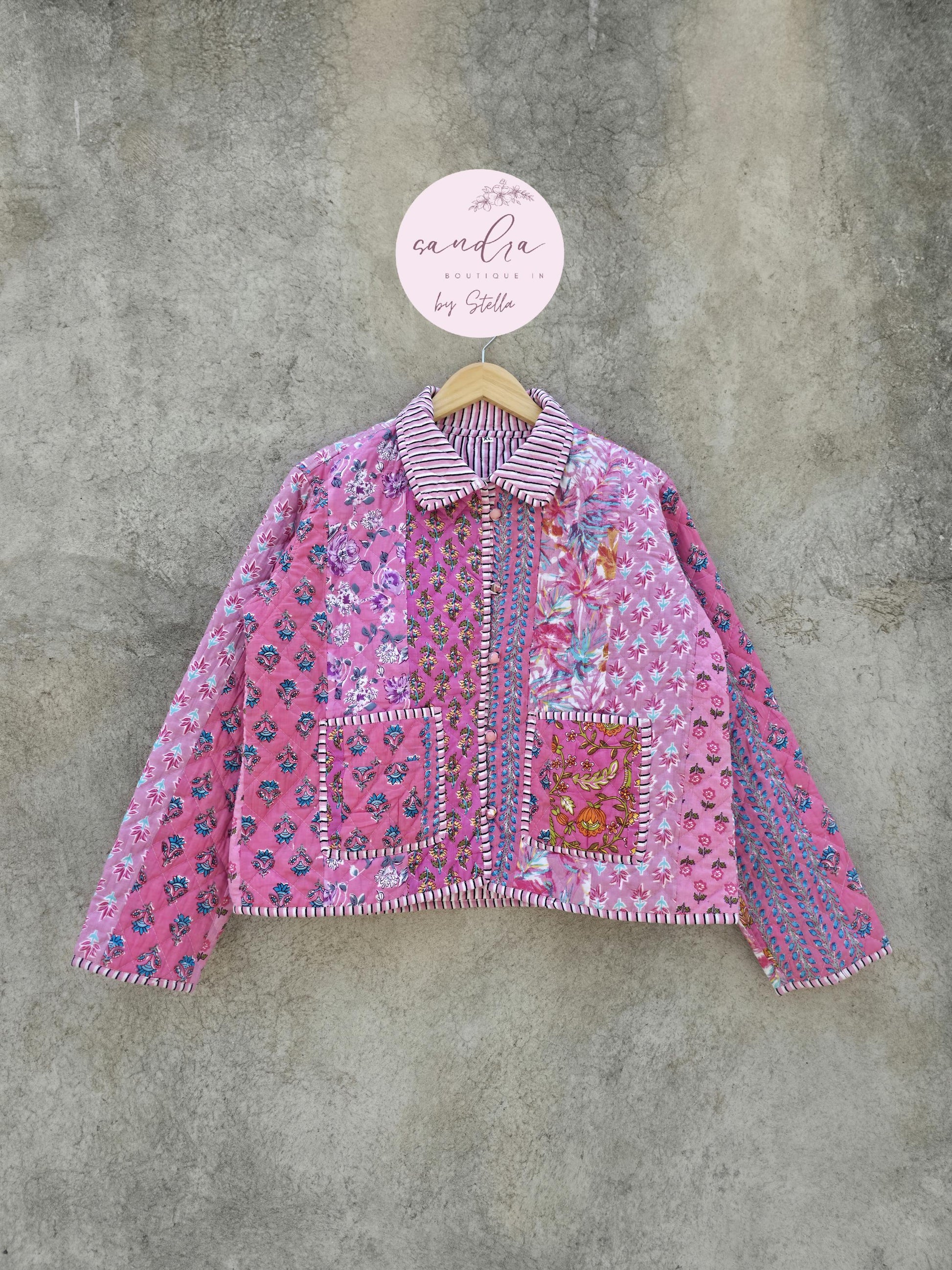 Indian Handmade Patchwork Cotton Quilted Jacket, Vintage Pink New Style Cotton Quilted Jacket, Reversible Women's Boho Coat, Gift for Her