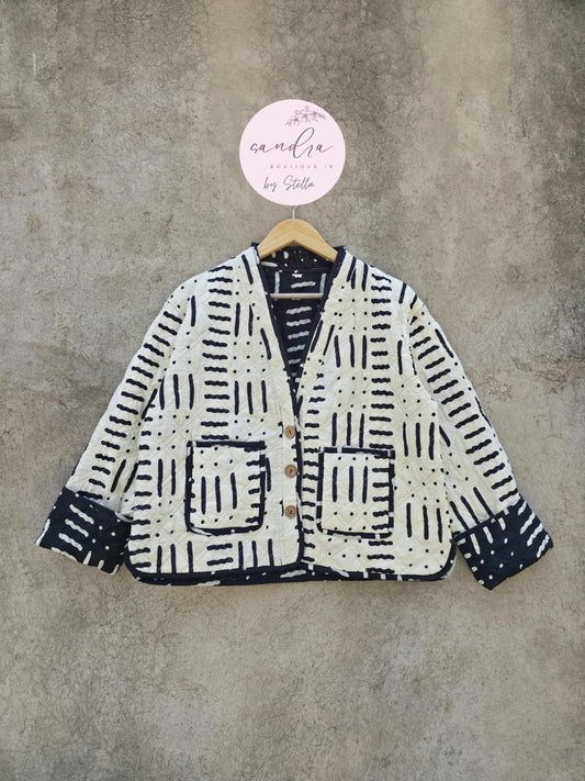 Cotton Quilted Jacket V-Neck New Style Kantha Jacket Hand Block Print Off White Indian Women's Clothing Coat Boho Spring Jacket Gift for Her