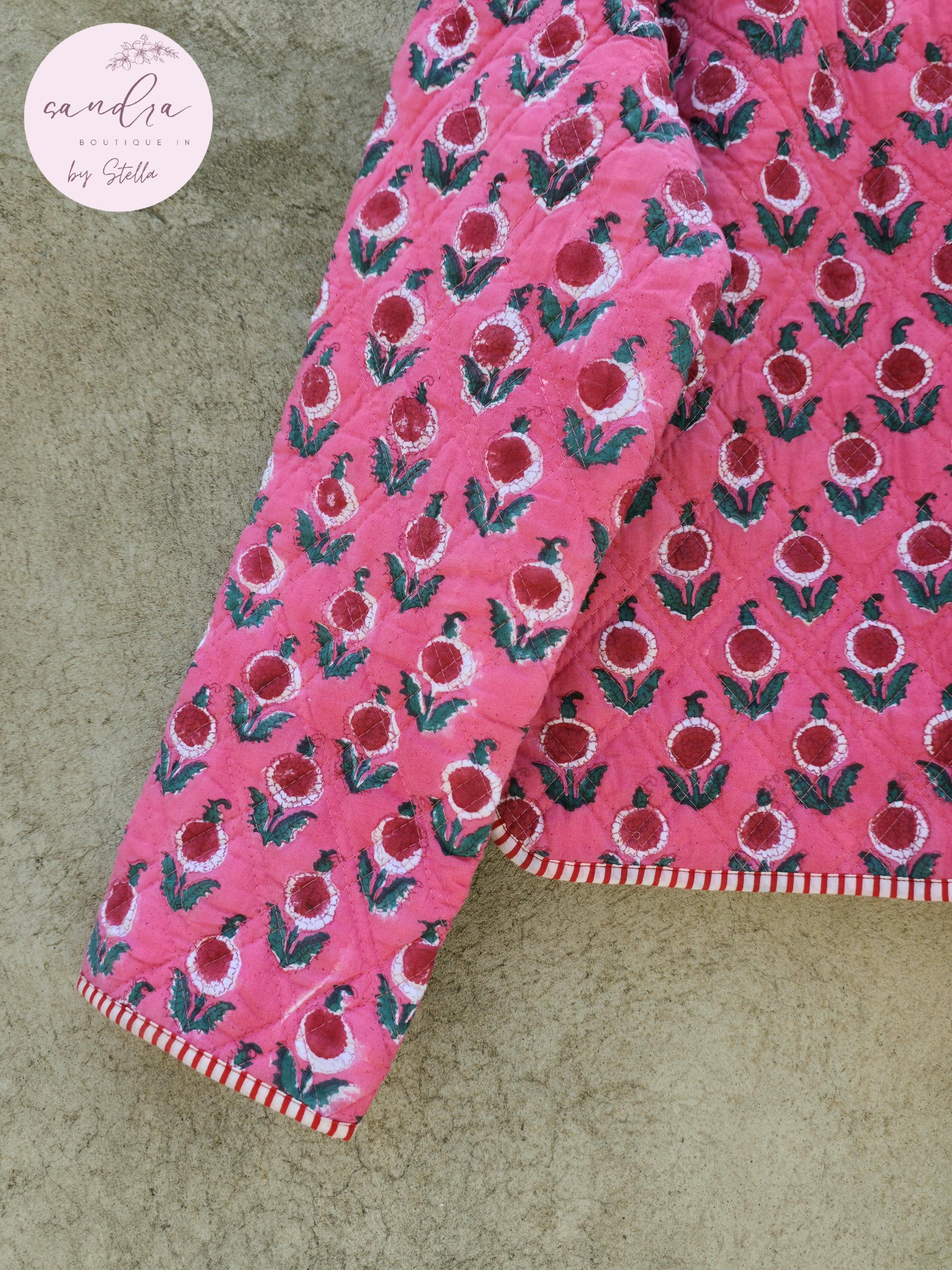 Cotton Quilted Jacket V-Neck New Style Kantha Jacket Pink Hand Block Printed Indian Women's Clothing Coat Boho Spring Jacket Gift for Her