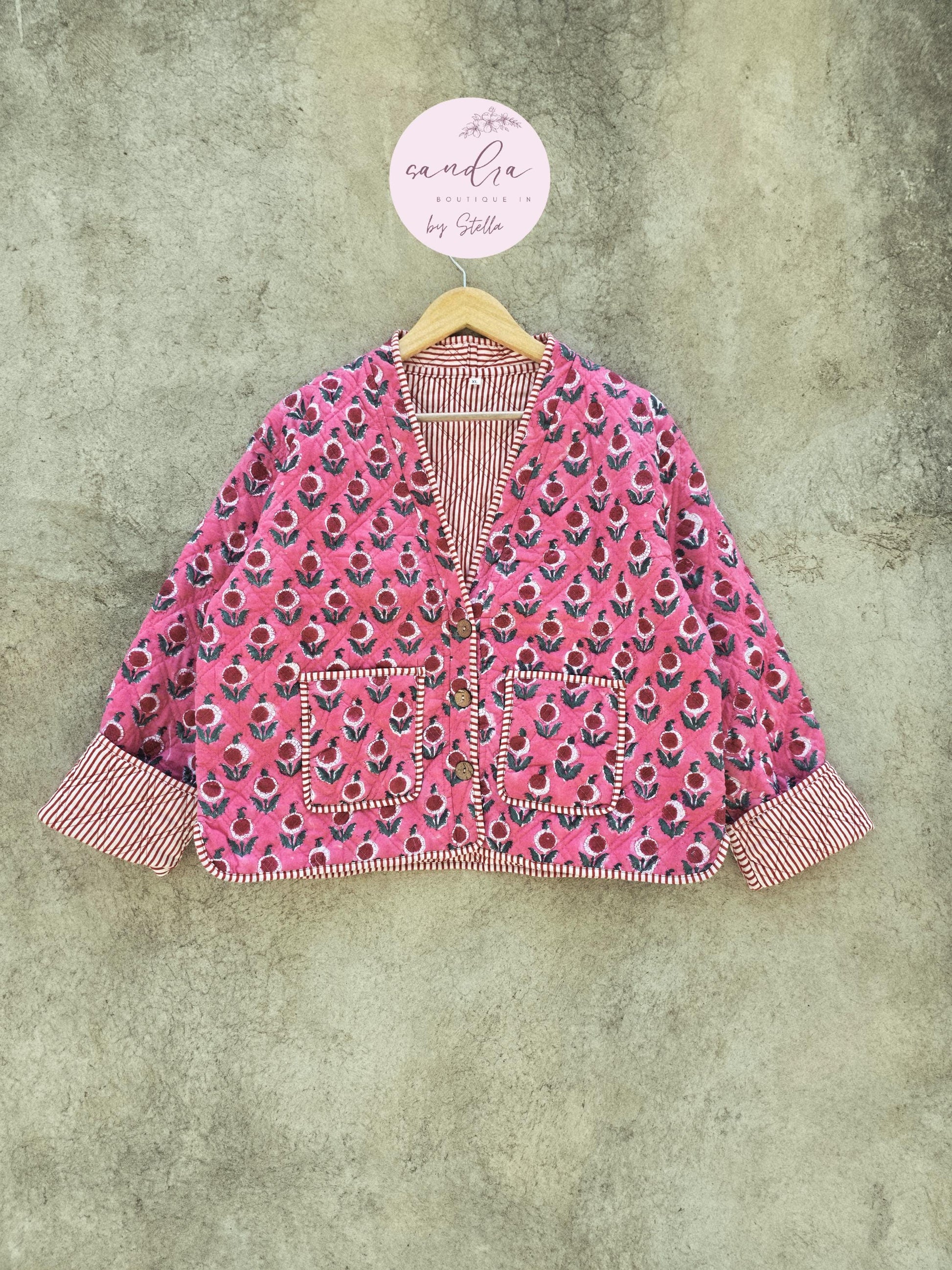Cotton Quilted Jacket V-Neck New Style Kantha Jacket Pink Hand Block Printed Indian Women's Clothing Coat Boho Spring Jacket Gift for Her