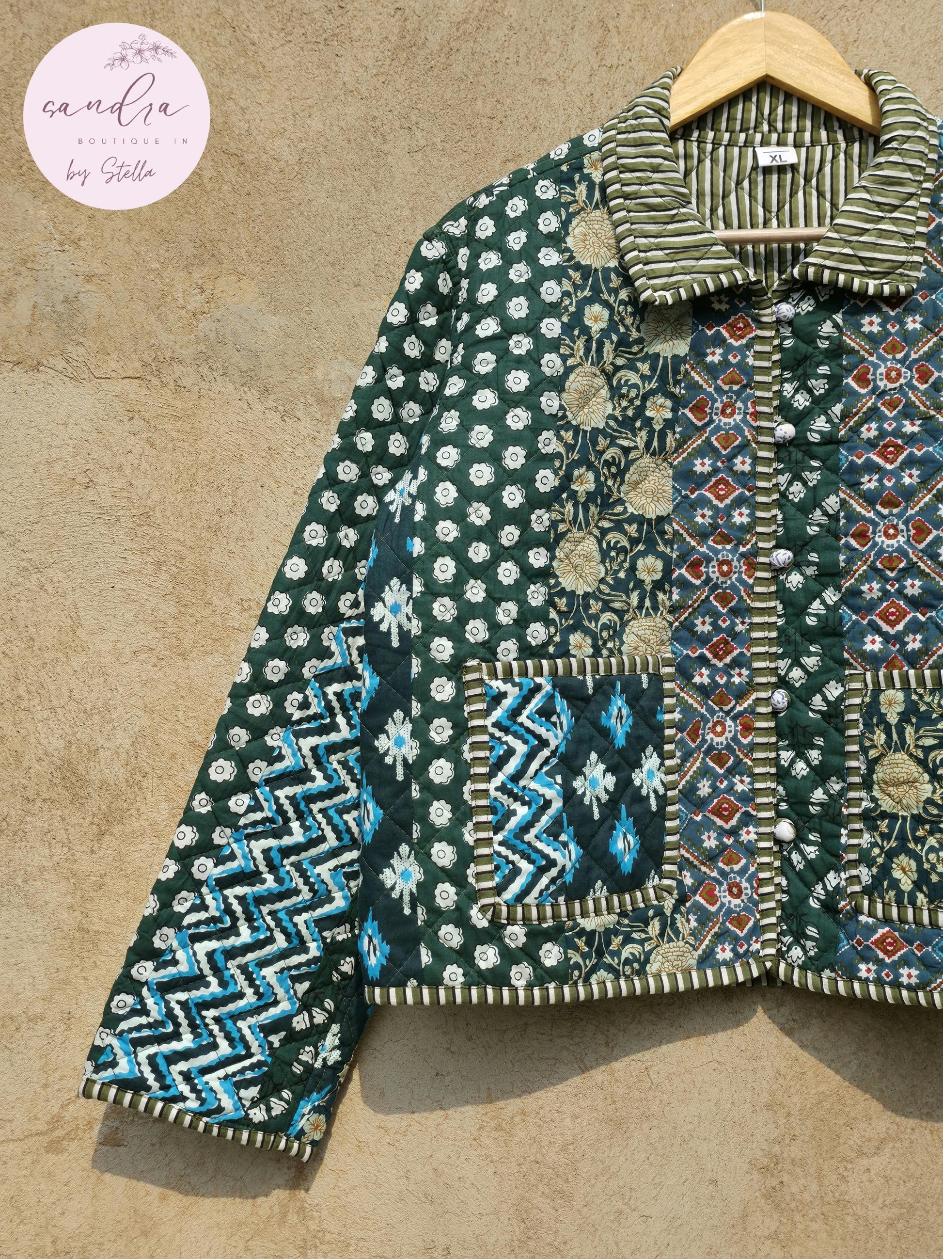 Indian Handmade Patchwork Cotton Quilted Jacket, Vintage Green New Style Cotton Quilted Jacket, Reversible Women's Boho Coat, Gift for Her