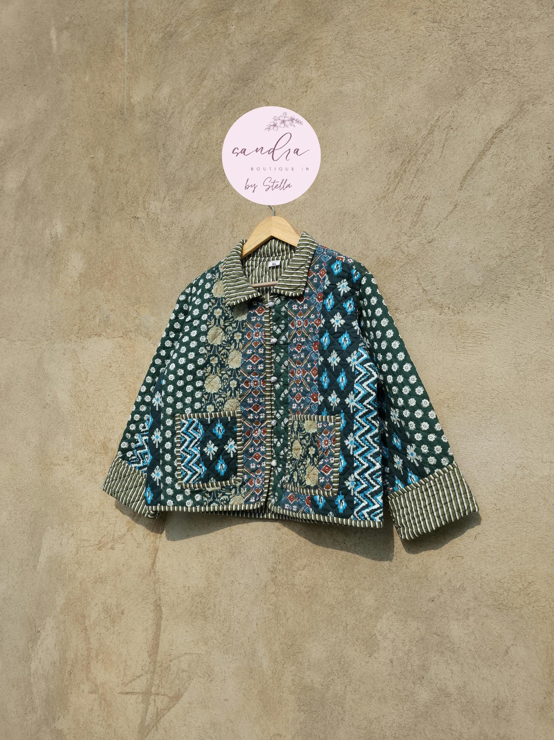 Indian Handmade Patchwork Cotton Quilted Jacket, Vintage Green New Style Cotton Quilted Jacket, Reversible Women's Boho Coat, Gift for Her
