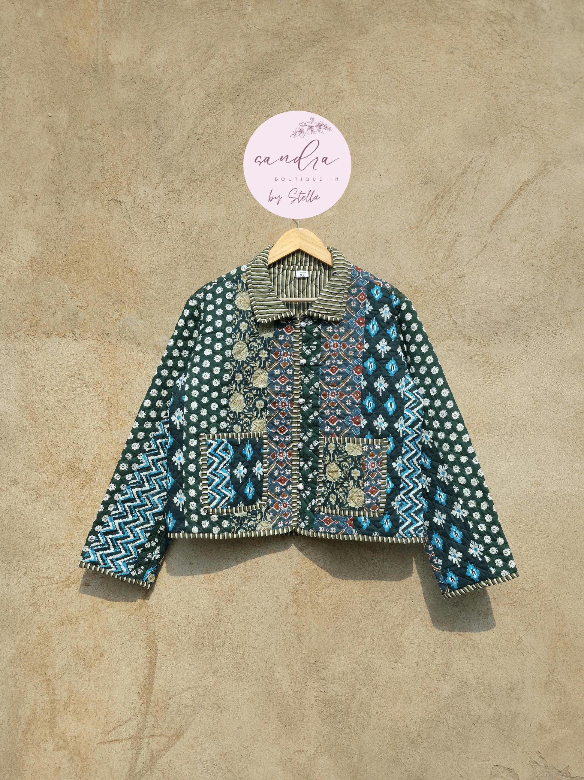 Indian Handmade Patchwork Cotton Quilted Jacket, Vintage Green New Style Cotton Quilted Jacket, Reversible Women's Boho Coat, Gift for Her