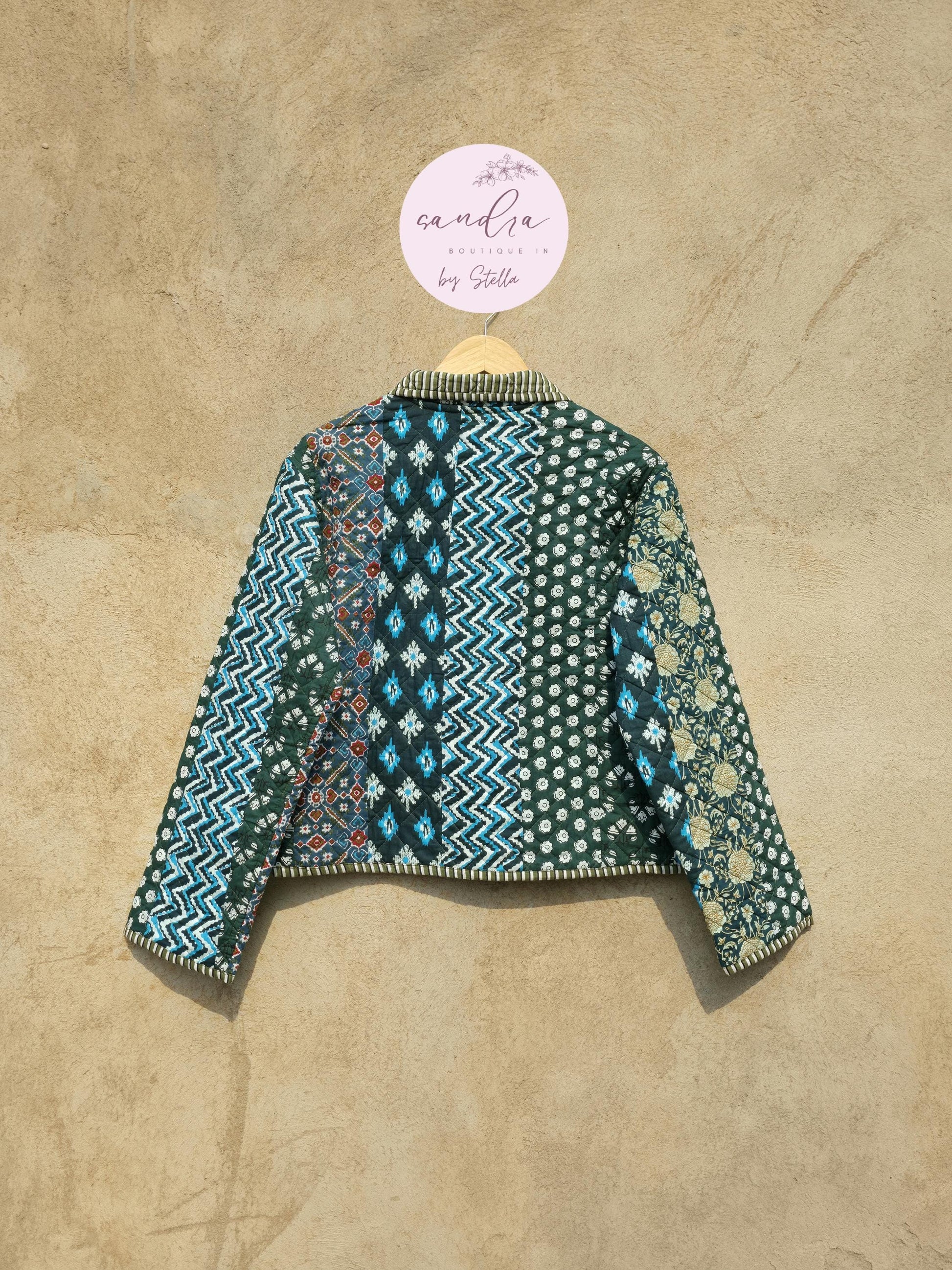 Indian Handmade Patchwork Cotton Quilted Jacket, Vintage Green New Style Cotton Quilted Jacket, Reversible Women's Boho Coat, Gift for Her