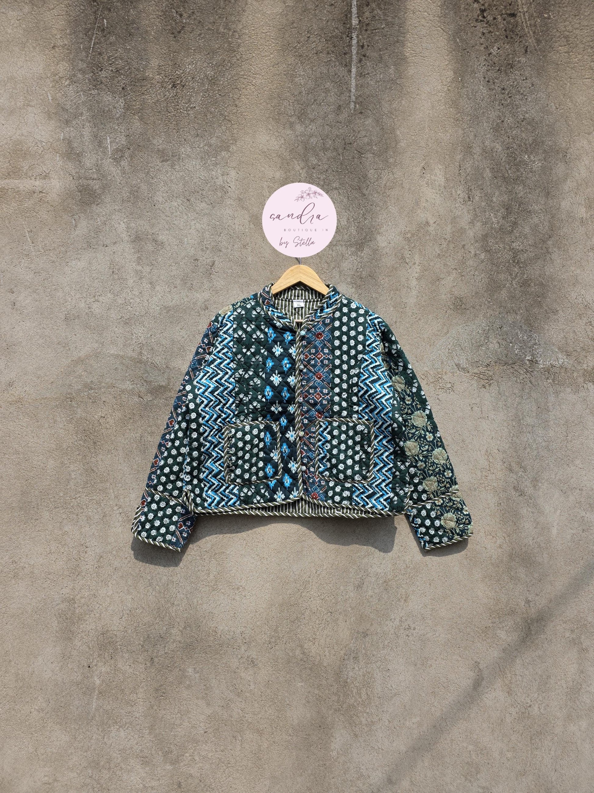 Indian Handmade Patchwork Cotton Quilted Jacket, Vintage New Style Collar Cotton Quilted Jacket, Reversible Women's Boho Coat, Gift for Her