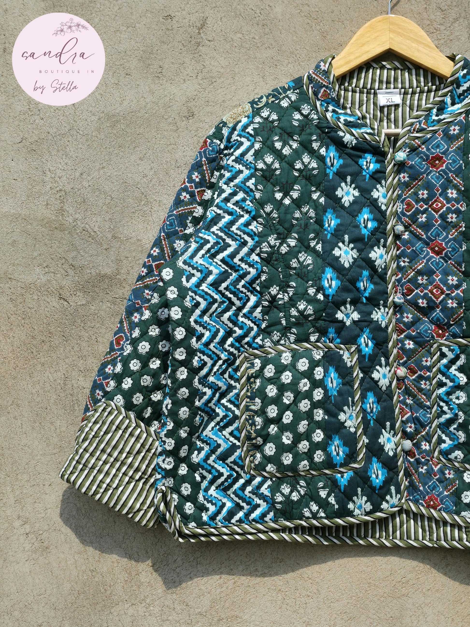 Indian Handmade Patchwork Cotton Quilted Jacket, Vintage New Style Collar Cotton Quilted Jacket, Reversible Women's Boho Coat, Gift for Her