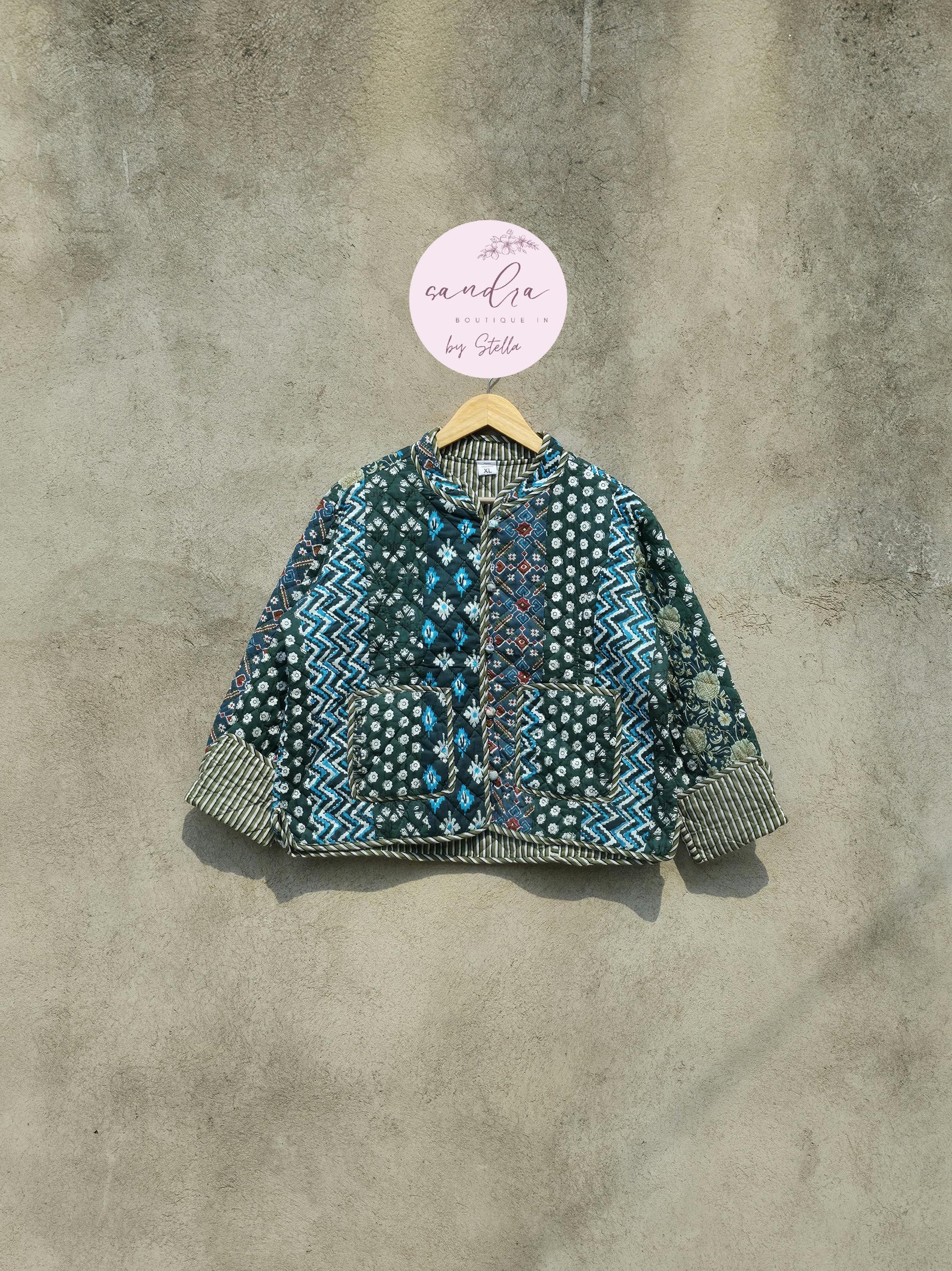 Indian Handmade Patchwork Cotton Quilted Jacket, Vintage New Style Collar Cotton Quilted Jacket, Reversible Women's Boho Coat, Gift for Her