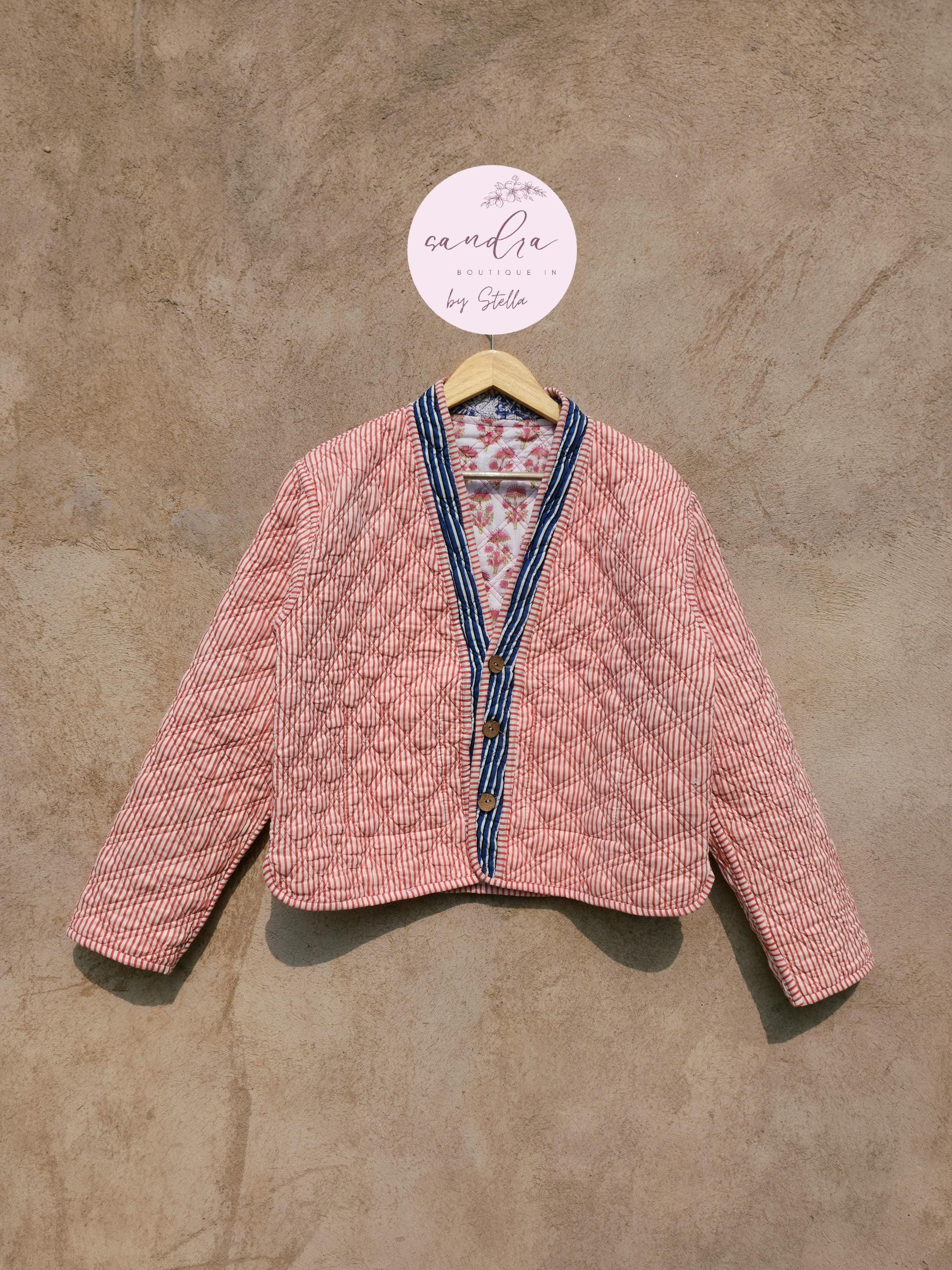 Cotton Quilted Jacket V-Neck New Style Kantha Jacket White Hand Block Print Indian Women's Clothing Coat Boho Spring Jacket Gift for Her