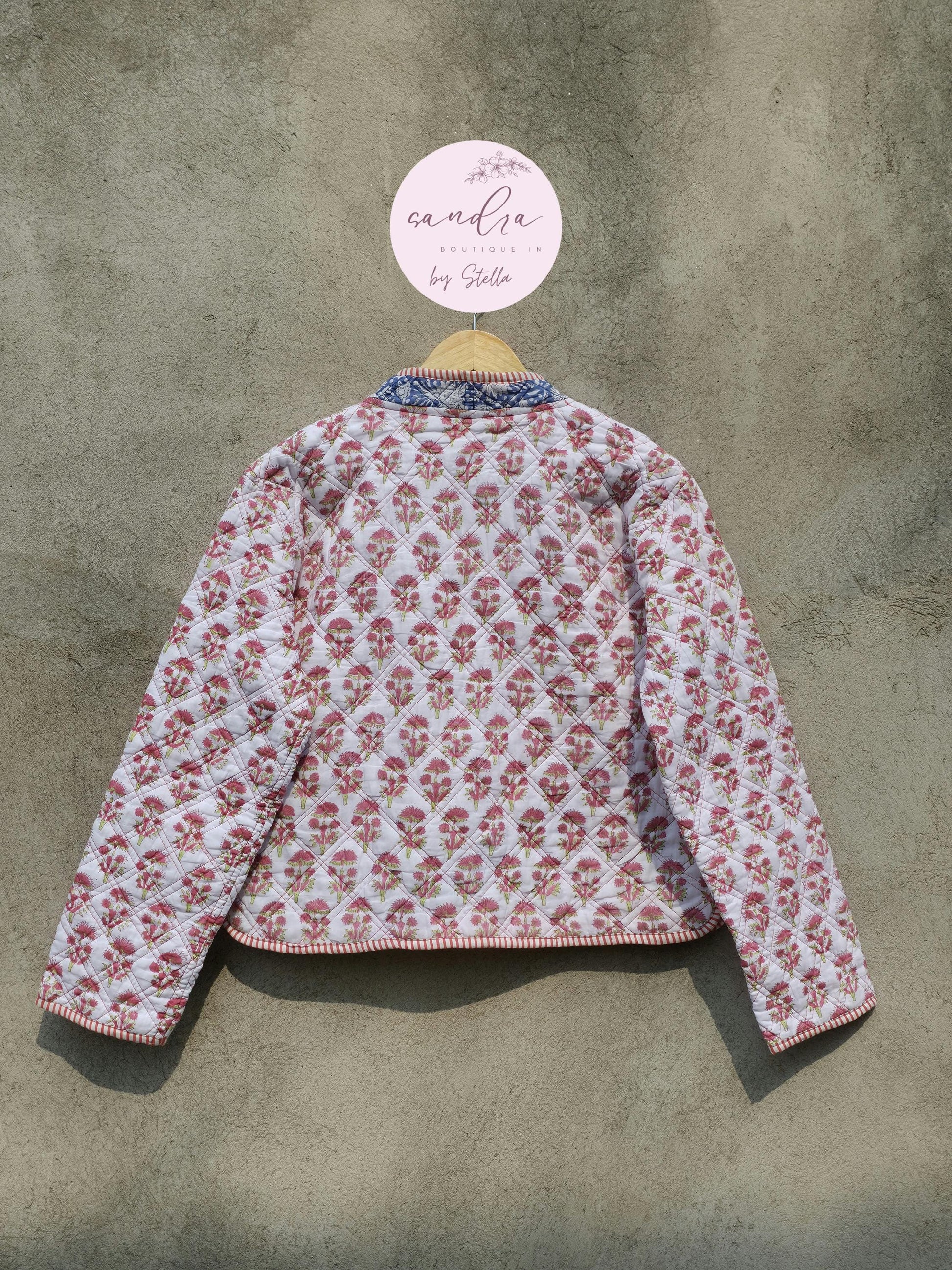 Cotton Quilted Jacket V-Neck New Style Kantha Jacket White Hand Block Print Indian Women's Clothing Coat Boho Spring Jacket Gift for Her
