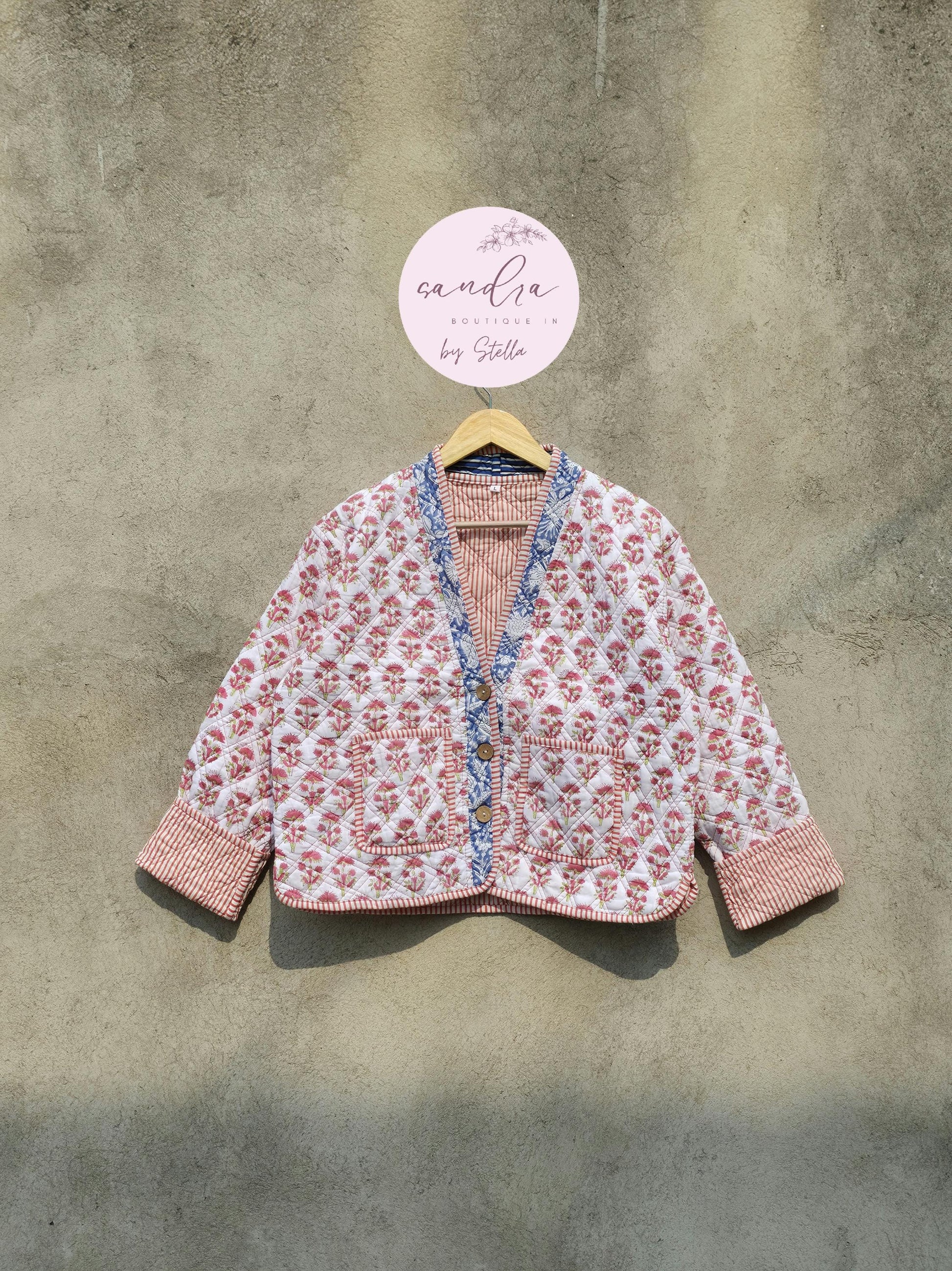 Cotton Quilted Jacket V-Neck New Style Kantha Jacket White Hand Block Print Indian Women's Clothing Coat Boho Spring Jacket Gift for Her