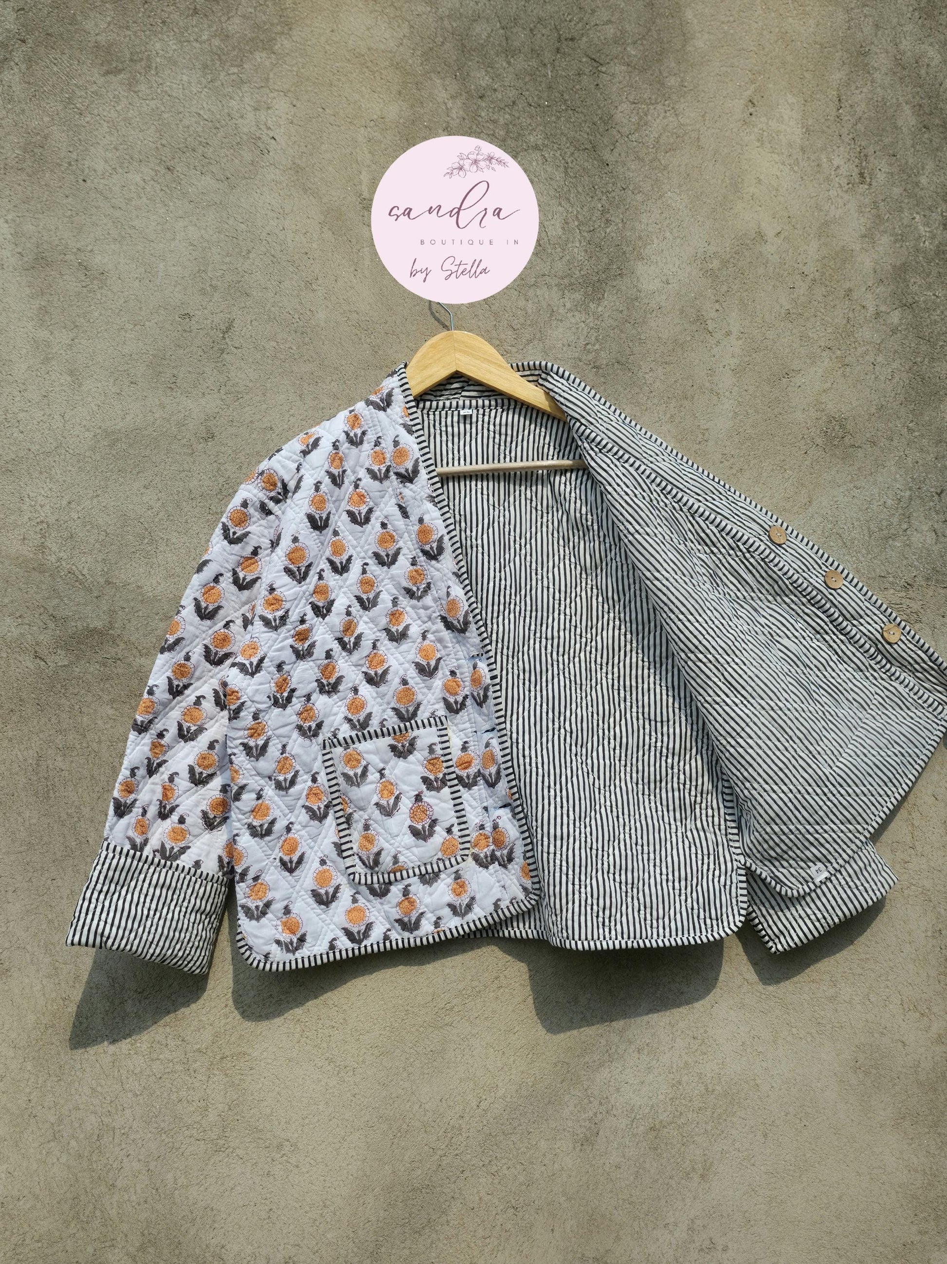 Cotton Quilted Jacket V-Neck New Style Kantha Jacket White Hand Block Print Indian Women's Clothing Coat Boho Spring Jacket Gift for Her