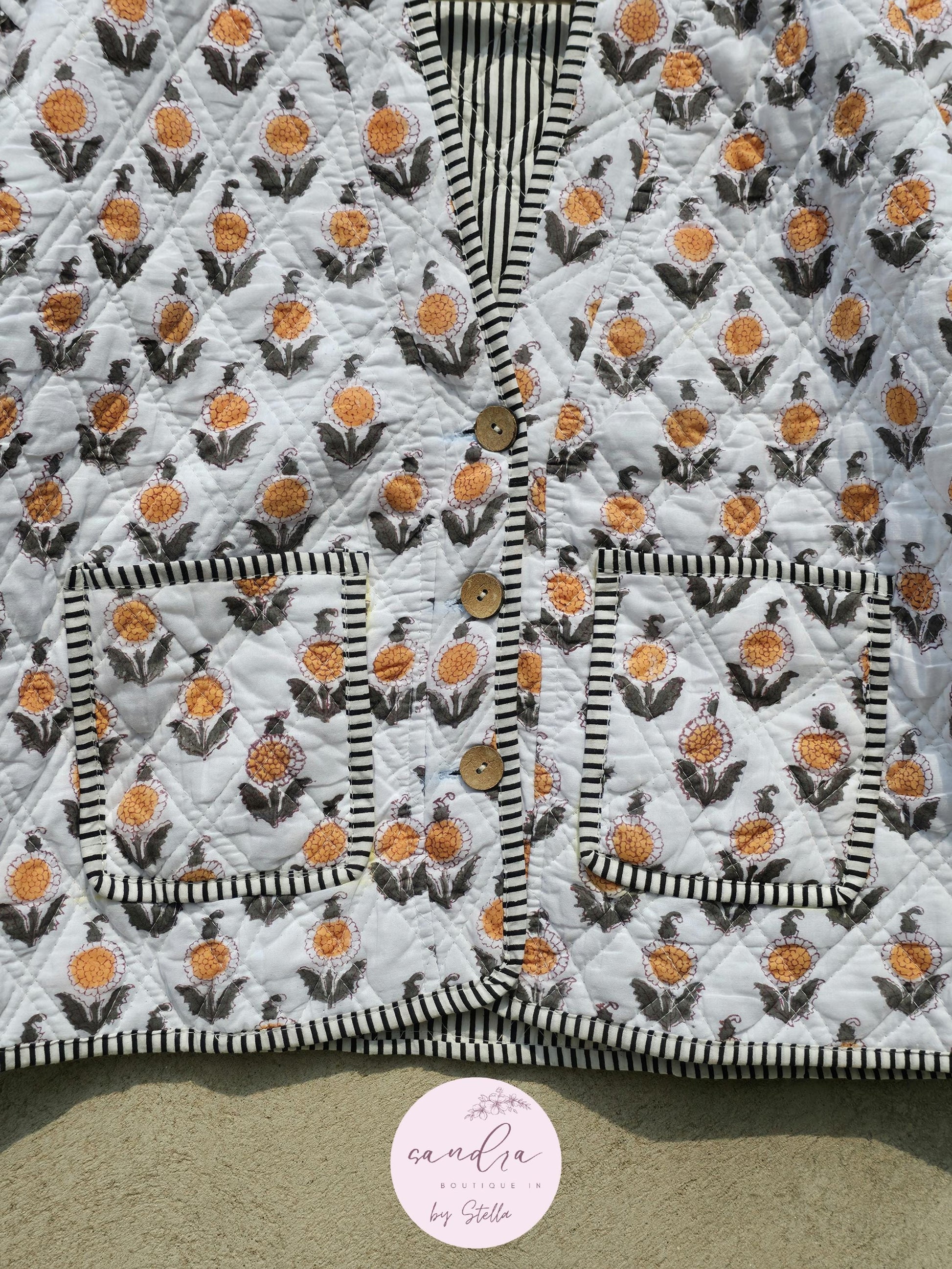 Cotton Quilted Jacket V-Neck New Style Kantha Jacket White Hand Block Print Indian Women's Clothing Coat Boho Spring Jacket Gift for Her