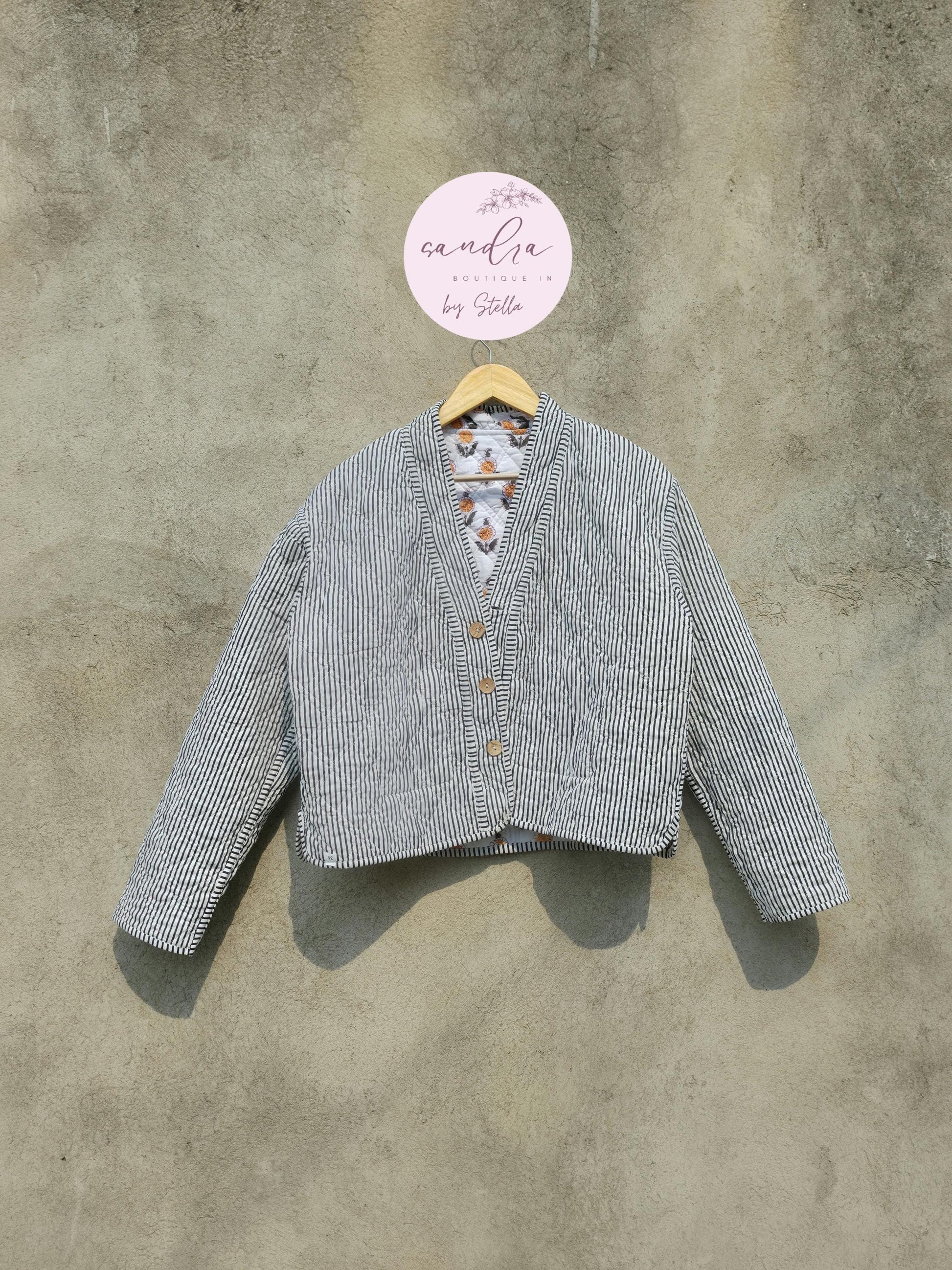 Cotton Quilted Jacket V-Neck New Style Kantha Jacket White Hand Block Print Indian Women's Clothing Coat Boho Spring Jacket Gift for Her
