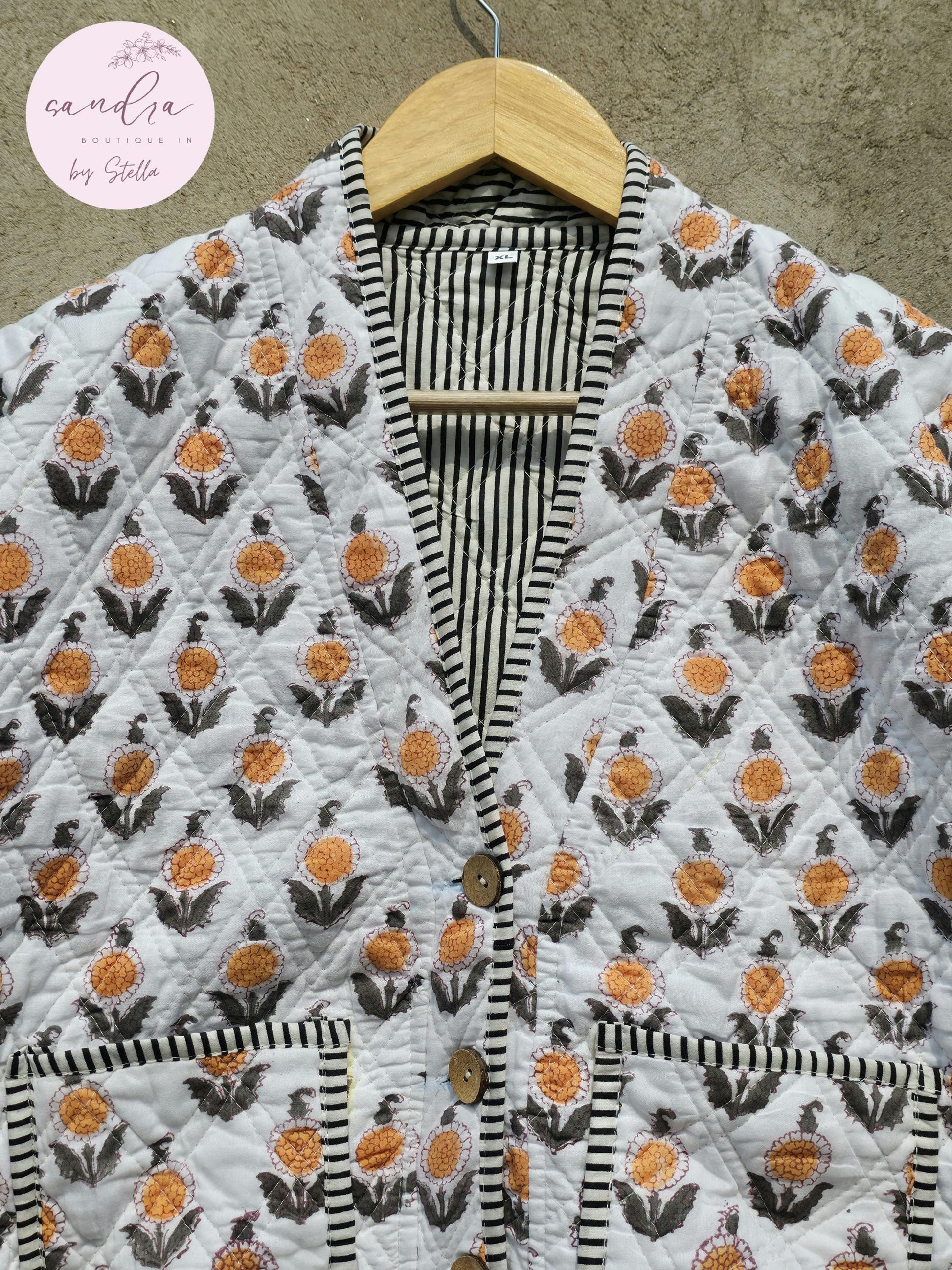 Cotton Quilted Jacket V-Neck New Style Kantha Jacket White Hand Block Print Indian Women's Clothing Coat Boho Spring Jacket Gift for Her