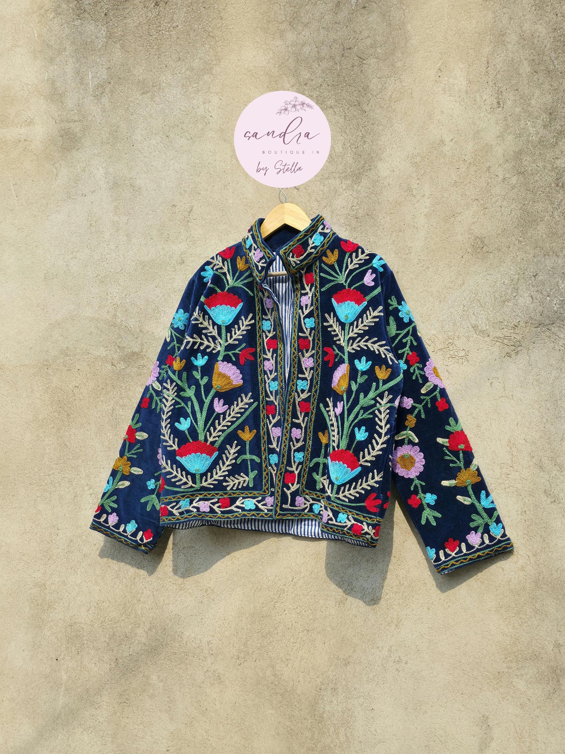 Suzani Embroidery Cotton Velvet Jacket, Kimono Jacket Handmade Soft TNT Fabric Jacket, Women's Clothing Coat Boho Jacket Spring Gift for Her