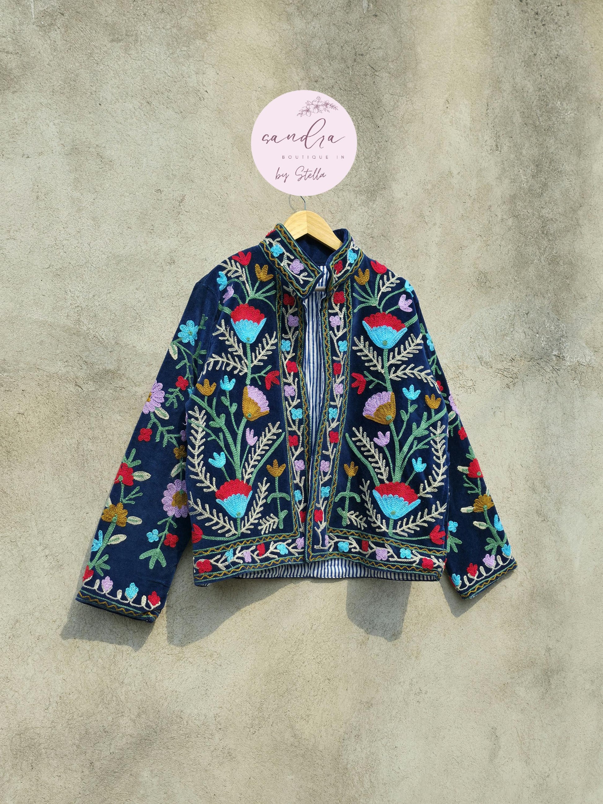 Suzani Embroidery Cotton Velvet Jacket, Kimono Jacket Handmade Soft TNT Fabric Jacket, Women's Clothing Coat Boho Jacket Spring Gift for Her