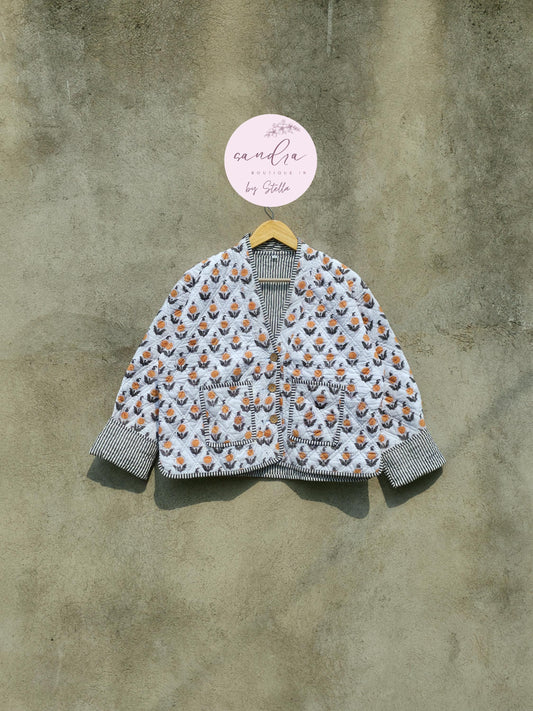 Cotton Quilted Jacket V-Neck New Style Kantha Jacket White Hand Block Print Indian Women's Clothing Coat Boho Spring Jacket Gift for Her