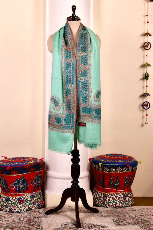 Green Pashmina Cashmere Shawl, Kalamkari Kashmiri Pashmina Silk Shawl, Premium Cashmere Scarfs, Soft & Warm Shawls Christmas Gift