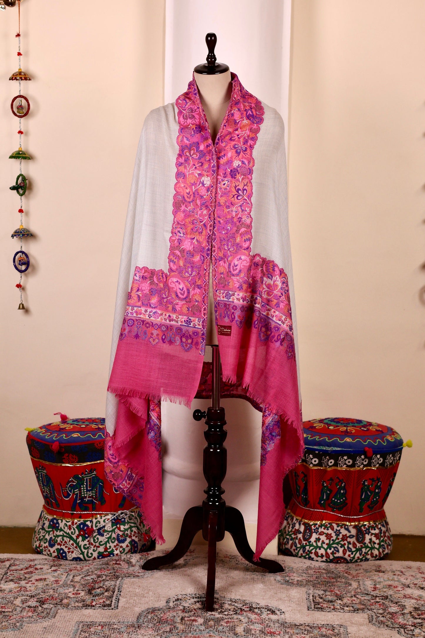Pink Pashmina Cashmere Shawl, Kalamkari Kashmiri Pashmina Silk Shawl, Premium Cashmere Scarfs, Soft & Warm Shawls Christmas Gift