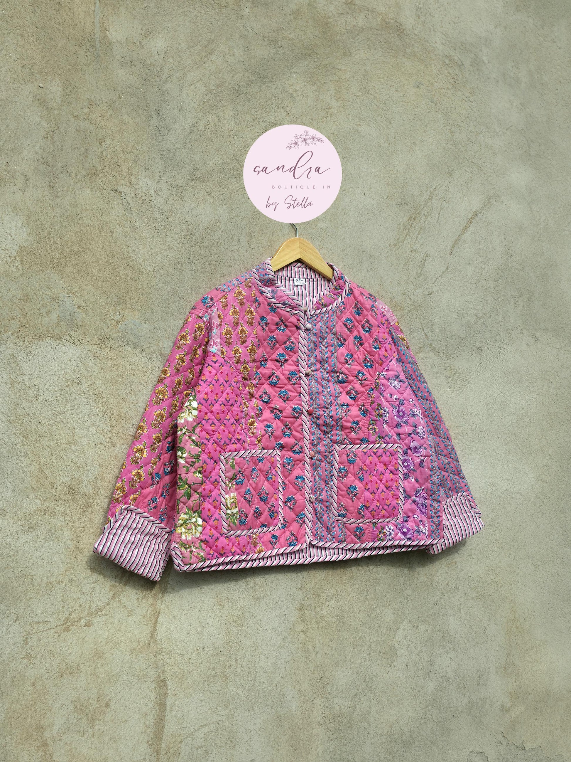 Indian Handmade Quilted Cotton Jacket, Vintage Pink Patchwork Women's Reversible Coat, Kimono Vintage Boho Jacket Spring Jacket Gift for Her