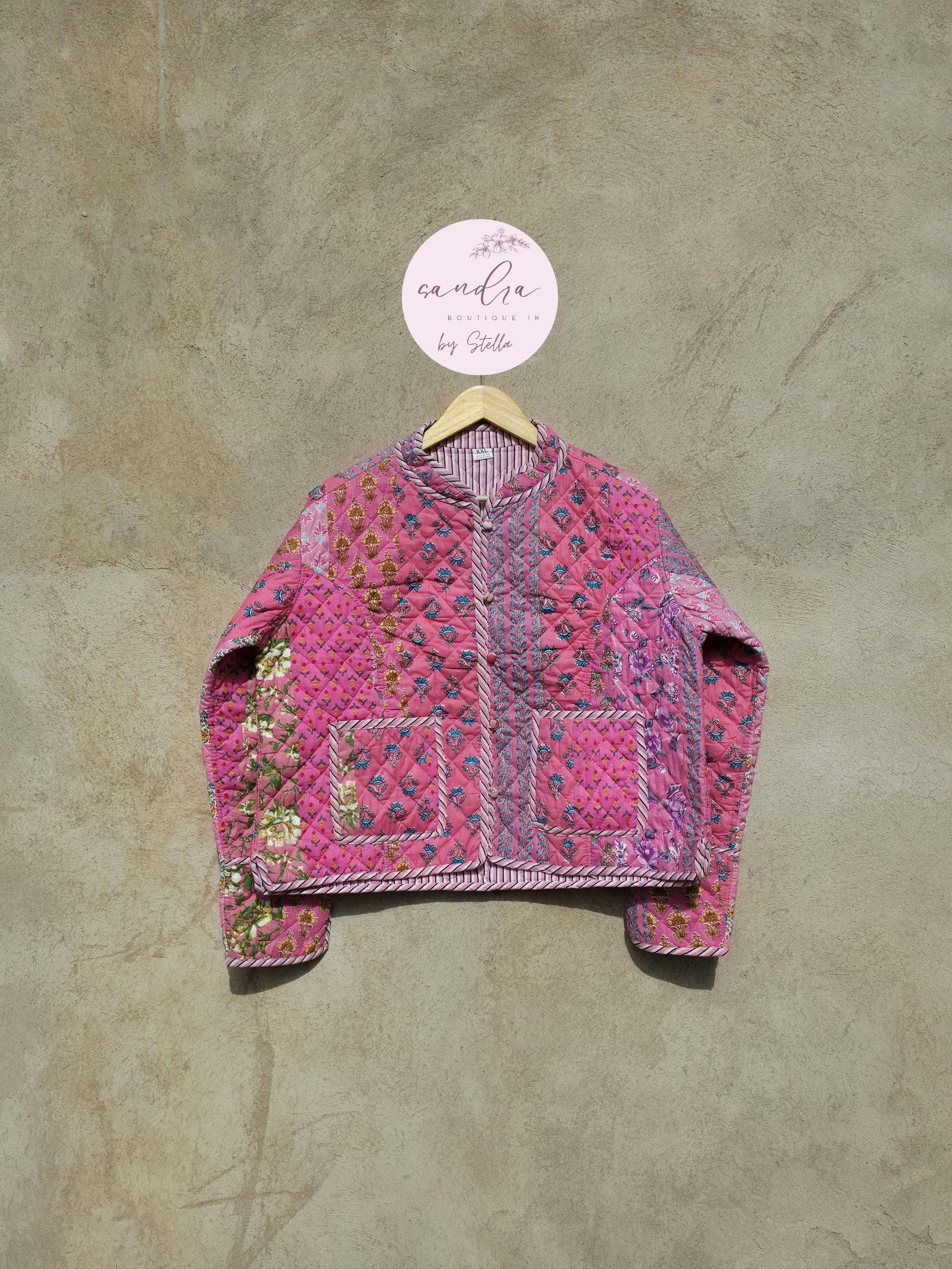 Indian Handmade Quilted Cotton Jacket, Vintage Pink Patchwork Women's Reversible Coat, Kimono Vintage Boho Jacket Spring Jacket Gift for Her