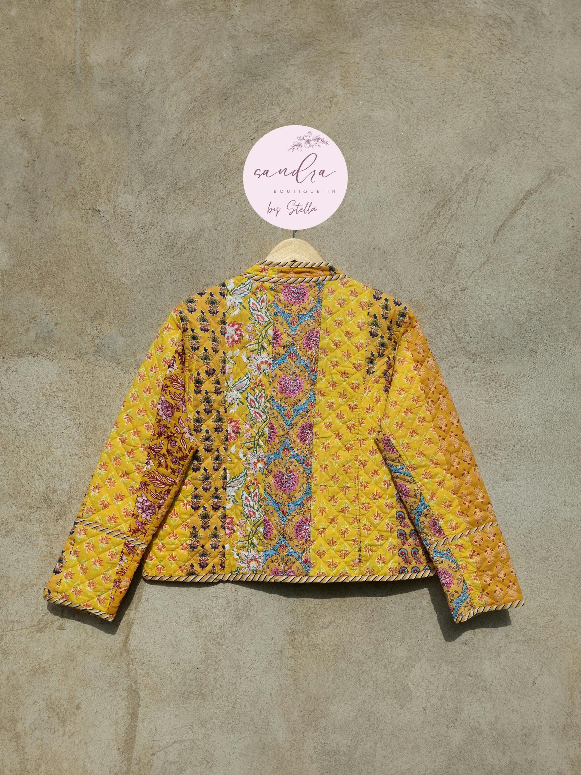 Indian Handmade Quilted Cotton Jacket, Vintage Yellow Patchwork Women's Reversible Coat, Kimono Boho Spring Soft Jacket, Gift for Her