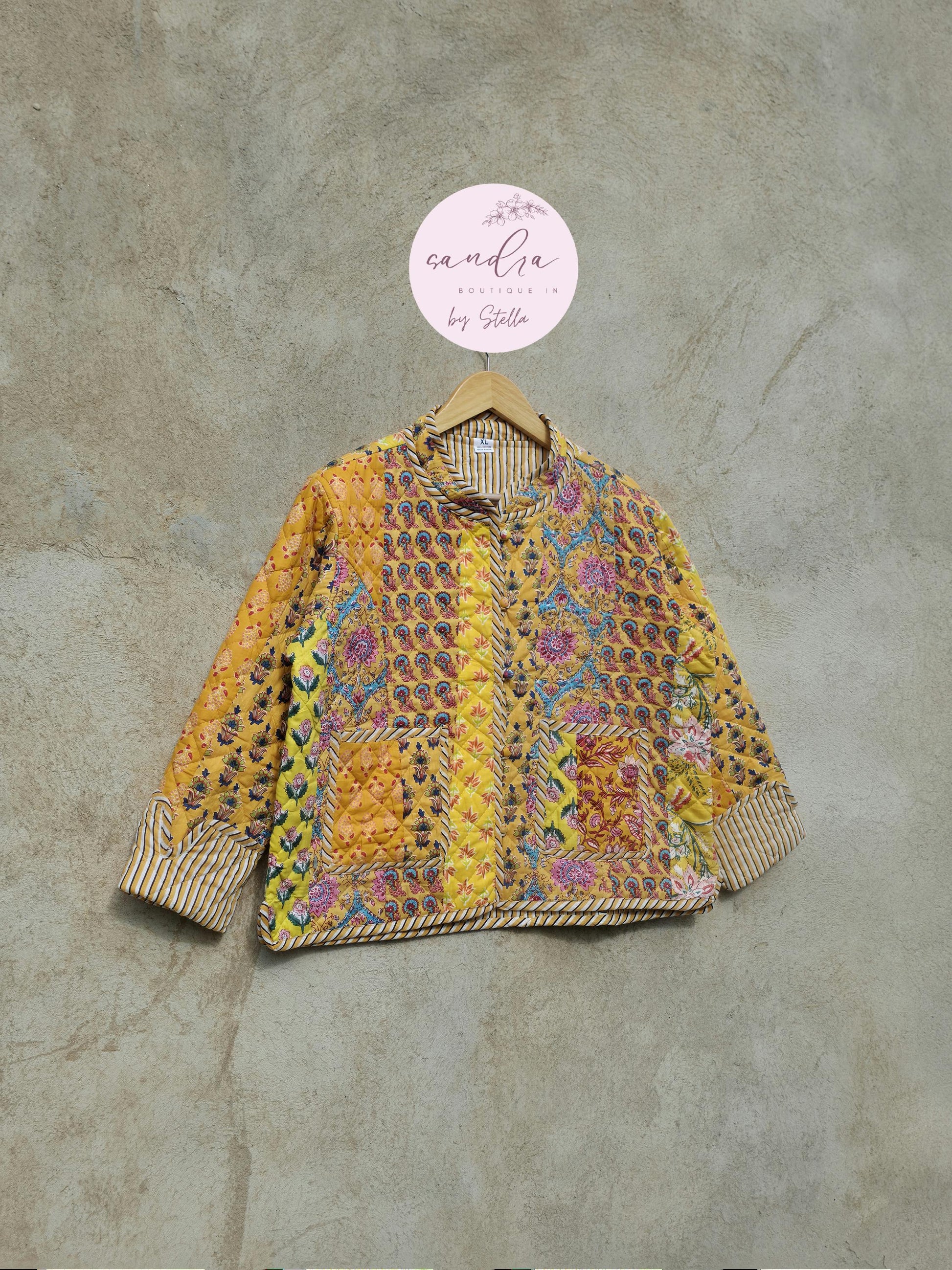 Indian Handmade Quilted Cotton Jacket, Vintage Yellow Patchwork Women's Reversible Coat, Kimono Boho Spring Soft Jacket, Gift for Her