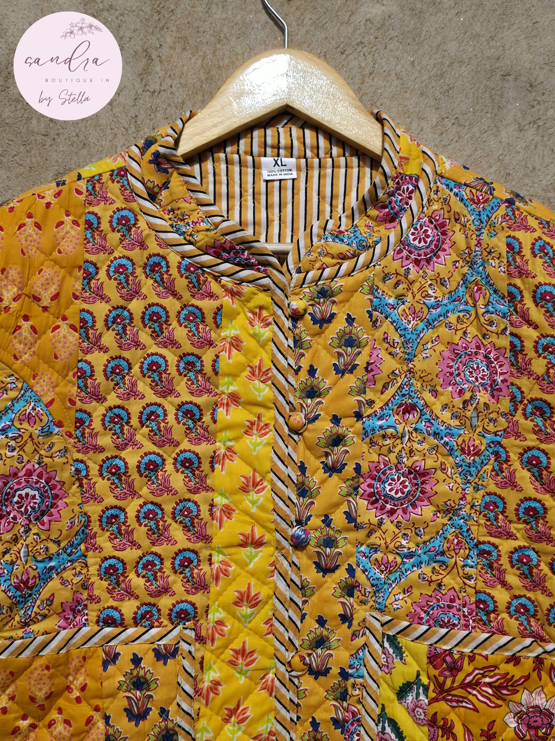 Indian Handmade Quilted Cotton Jacket, Vintage Yellow Patchwork Women's Reversible Coat, Kimono Boho Spring Soft Jacket, Gift for Her