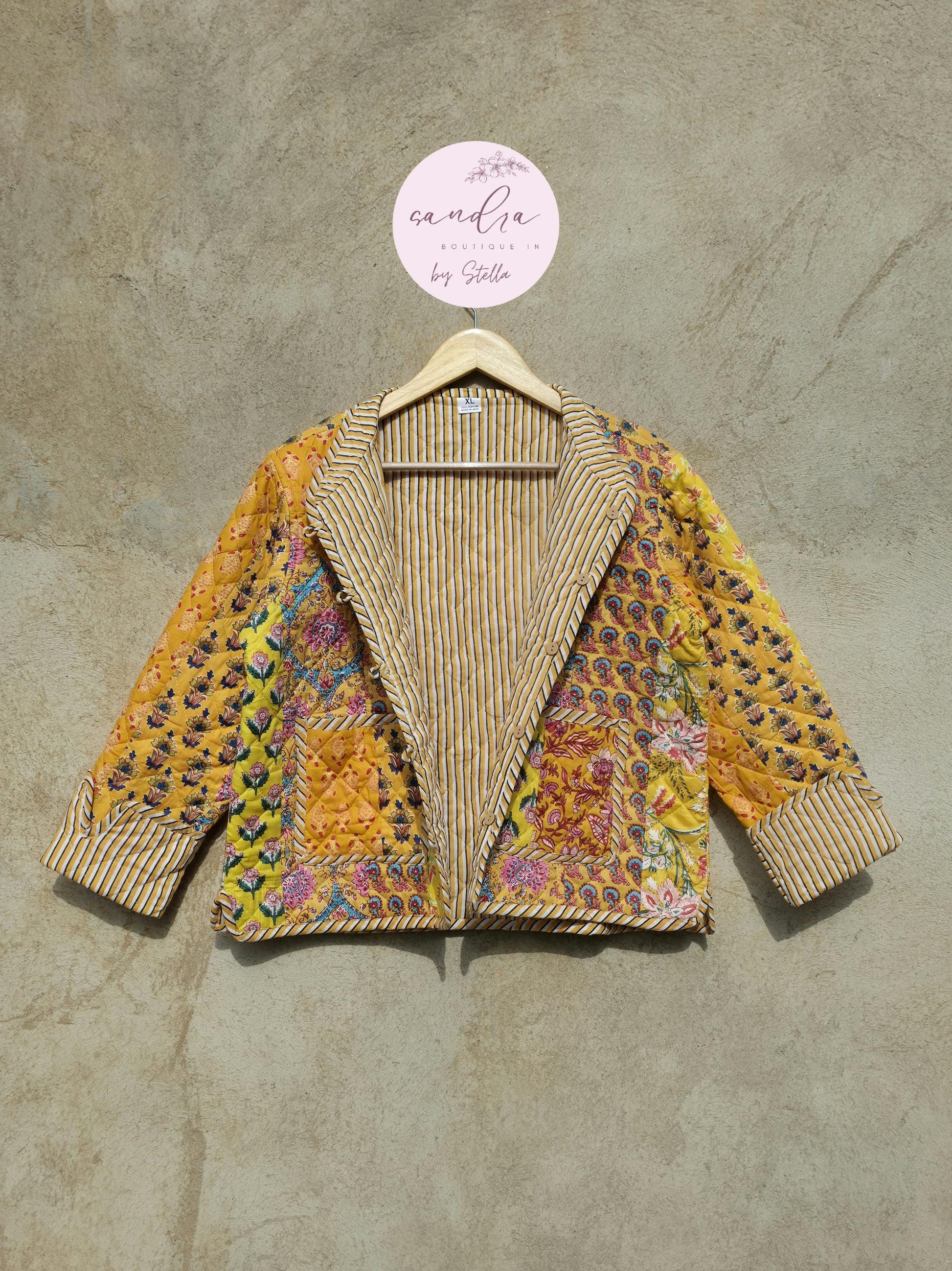Indian Handmade Quilted Cotton Jacket, Vintage Yellow Patchwork Women's Reversible Coat, Kimono Boho Spring Soft Jacket, Gift for Her