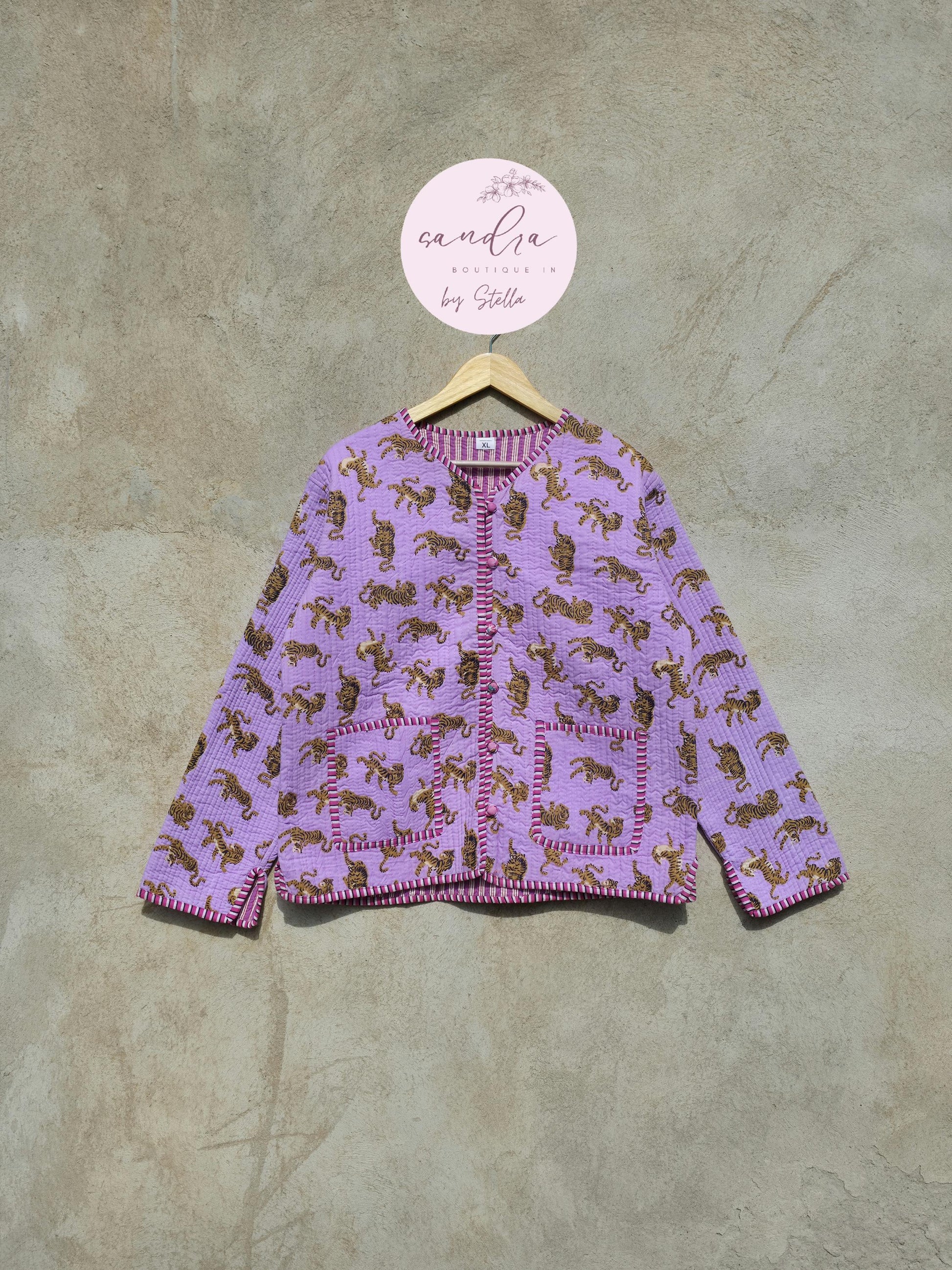 Cotton Quilted Jacket V-Neck New Style Kantha Jacket Hand Block Tiger Print Indian Women's Clothing Coat, Boho Jacket Spring Gift for Her