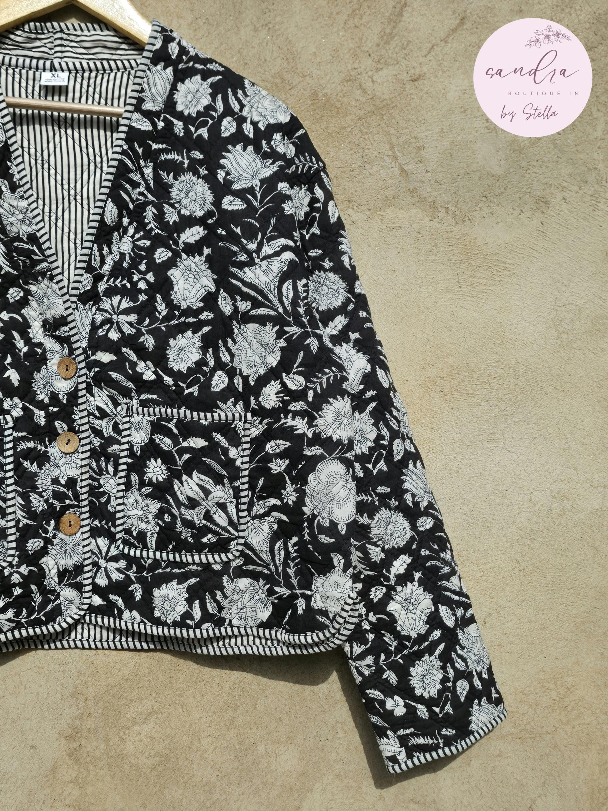Handmade Cotton Quilted Jacket, Vintage Indian Black Floral Reversible Kantha V-Neck Coat Bohemian Hand Block Short Jacket, Gift for Her