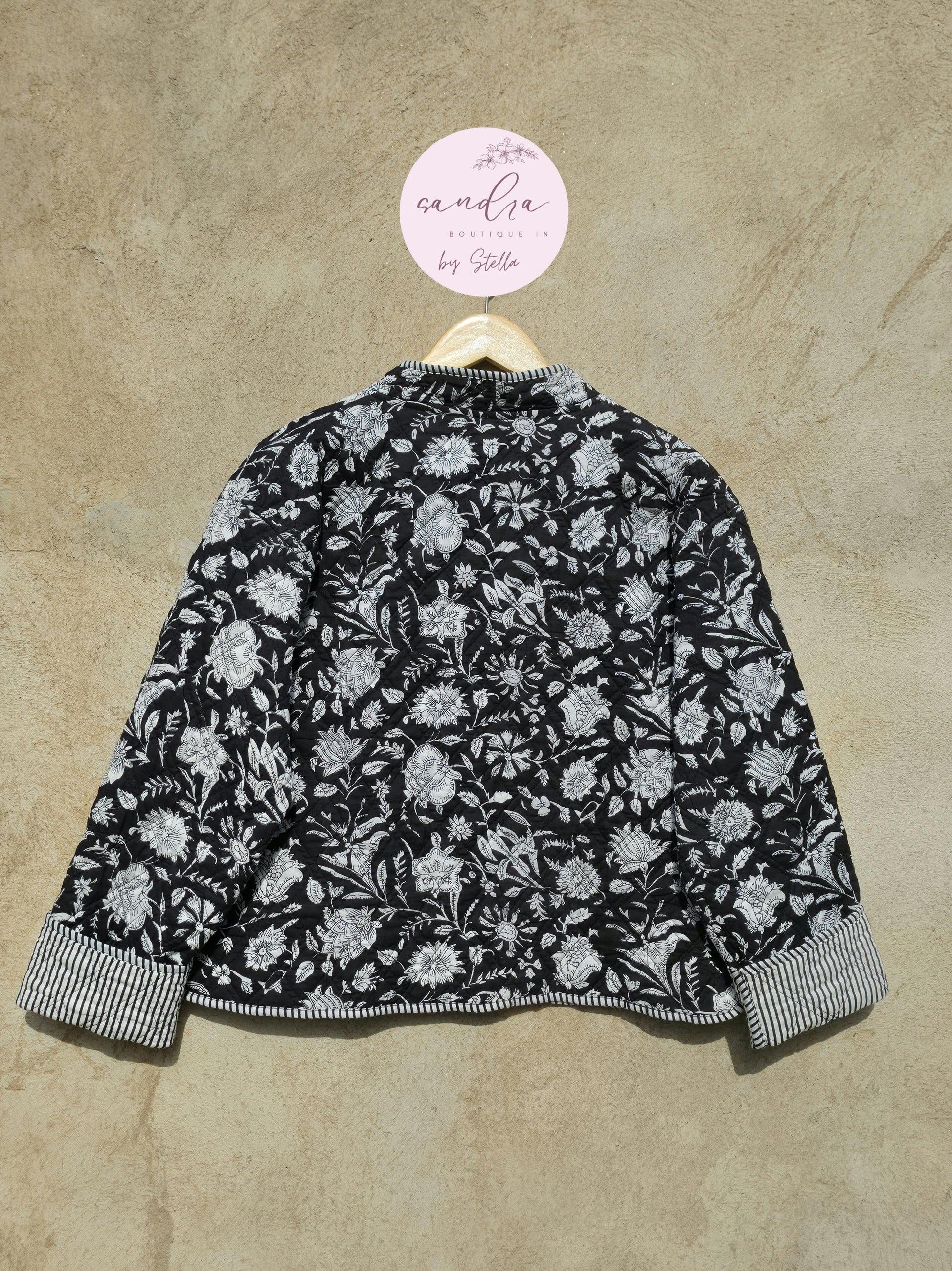 Handmade Cotton Quilted Jacket, Vintage Indian Black Floral Reversible Kantha V-Neck Coat Bohemian Hand Block Short Jacket, Gift for Her