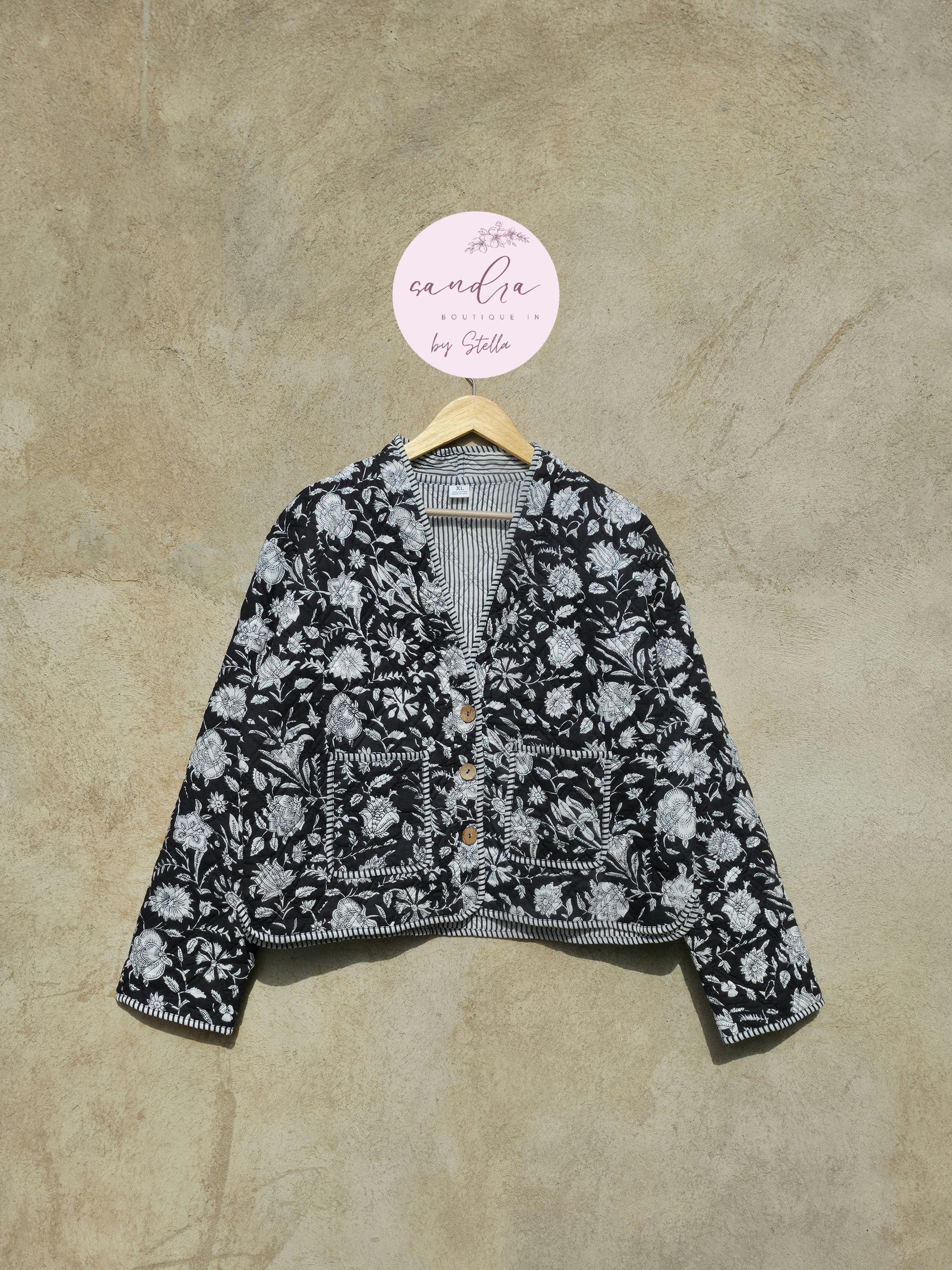 Handmade Cotton Quilted Jacket, Vintage Indian Black Floral Reversible Kantha V-Neck Coat Bohemian Hand Block Short Jacket, Gift for Her