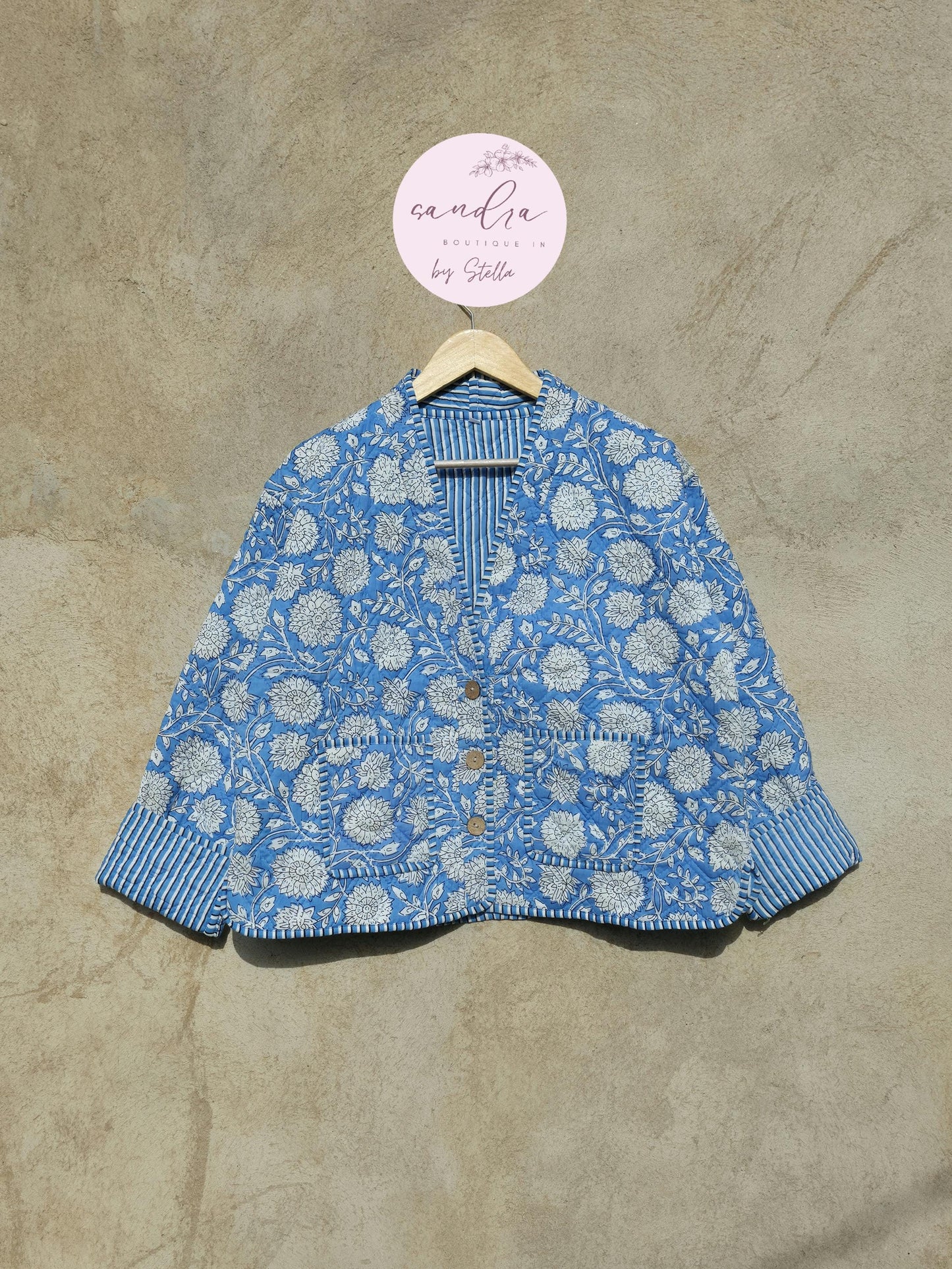 Handmade Cotton Quilted Jacket, Vintage Indian Sky Blue Floral Reversible Kantha V-Neck Coat Bohemian Hand Block Short Jacket, Gift for Her