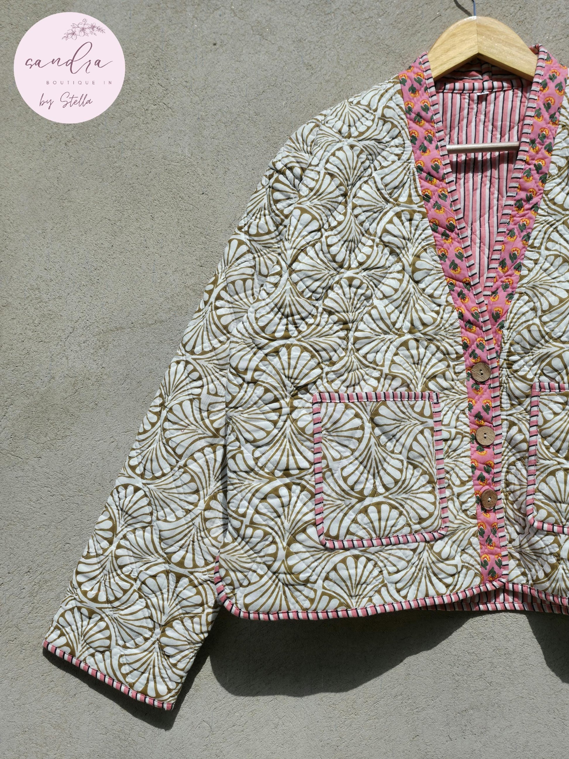 Indian Handmade Cotton Quilted Jacket, V-Neck Vintage Floral Reversible Kantha Coat, Bohemian Hand Block Short Jacket, Gift for Her