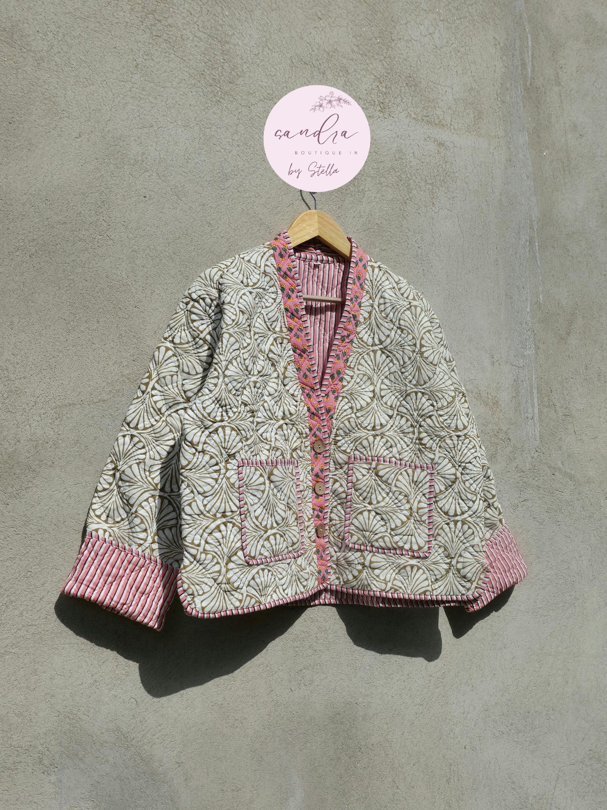 Indian Handmade Cotton Quilted Jacket, V-Neck Vintage Floral Reversible Kantha Coat, Bohemian Hand Block Short Jacket, Gift for Her