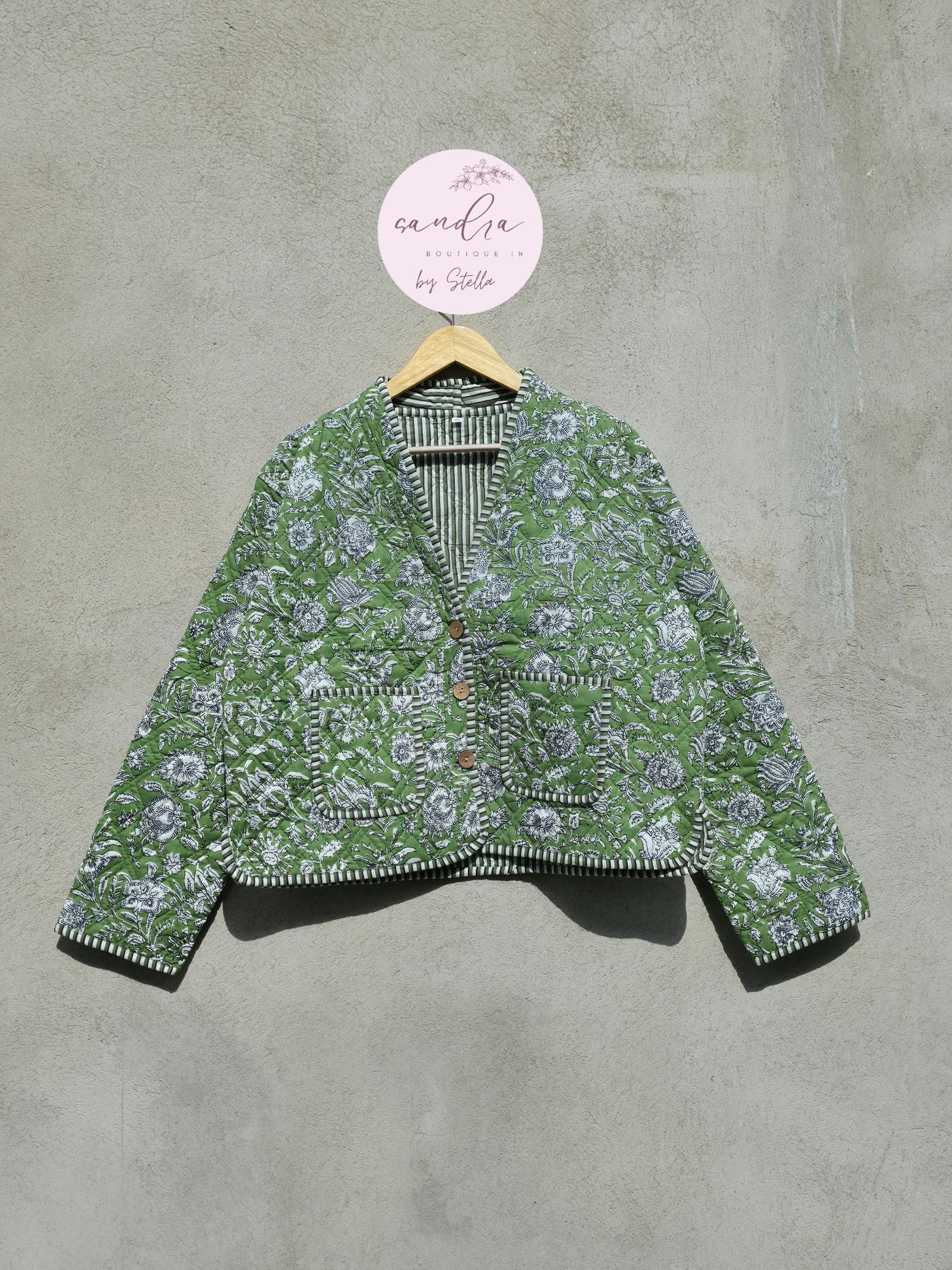 Indian Handmade Cotton Quilted Jacket, Vintage V-Neck Green & White Floral Reversible Kantha Coat, Bohemian Short Jacket, Gift for Her