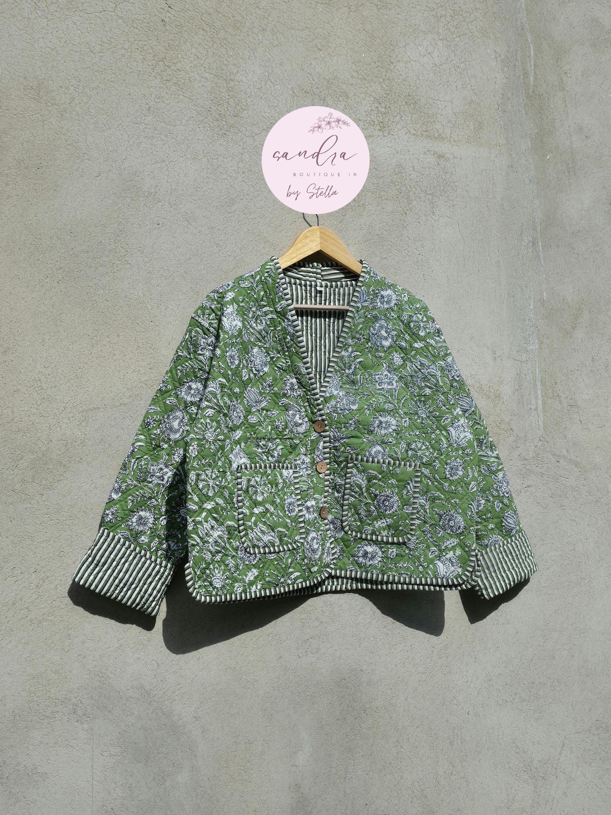 Indian Handmade Cotton Quilted Jacket, Vintage V-Neck Green & White Floral Reversible Kantha Coat, Bohemian Short Jacket, Gift for Her