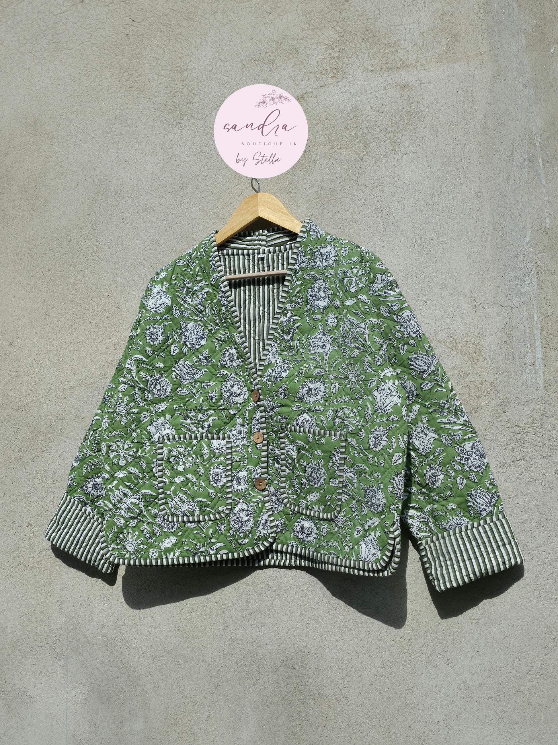 Indian Handmade Cotton Quilted Jacket, Vintage V-Neck Green & White Floral Reversible Kantha Coat, Bohemian Short Jacket, Gift for Her