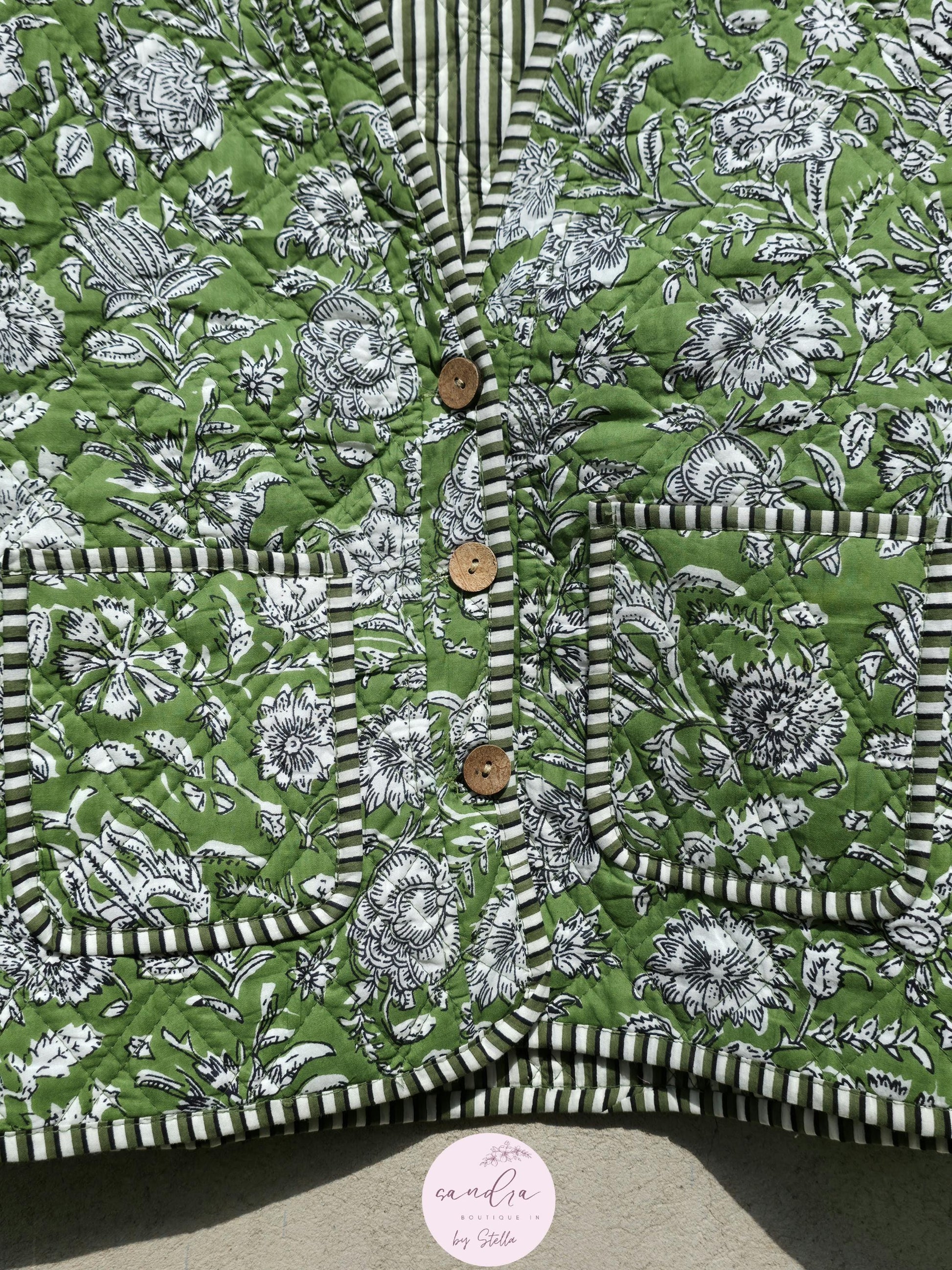 Indian Handmade Cotton Quilted Jacket, Vintage V-Neck Green & White Floral Reversible Kantha Coat, Bohemian Short Jacket, Gift for Her