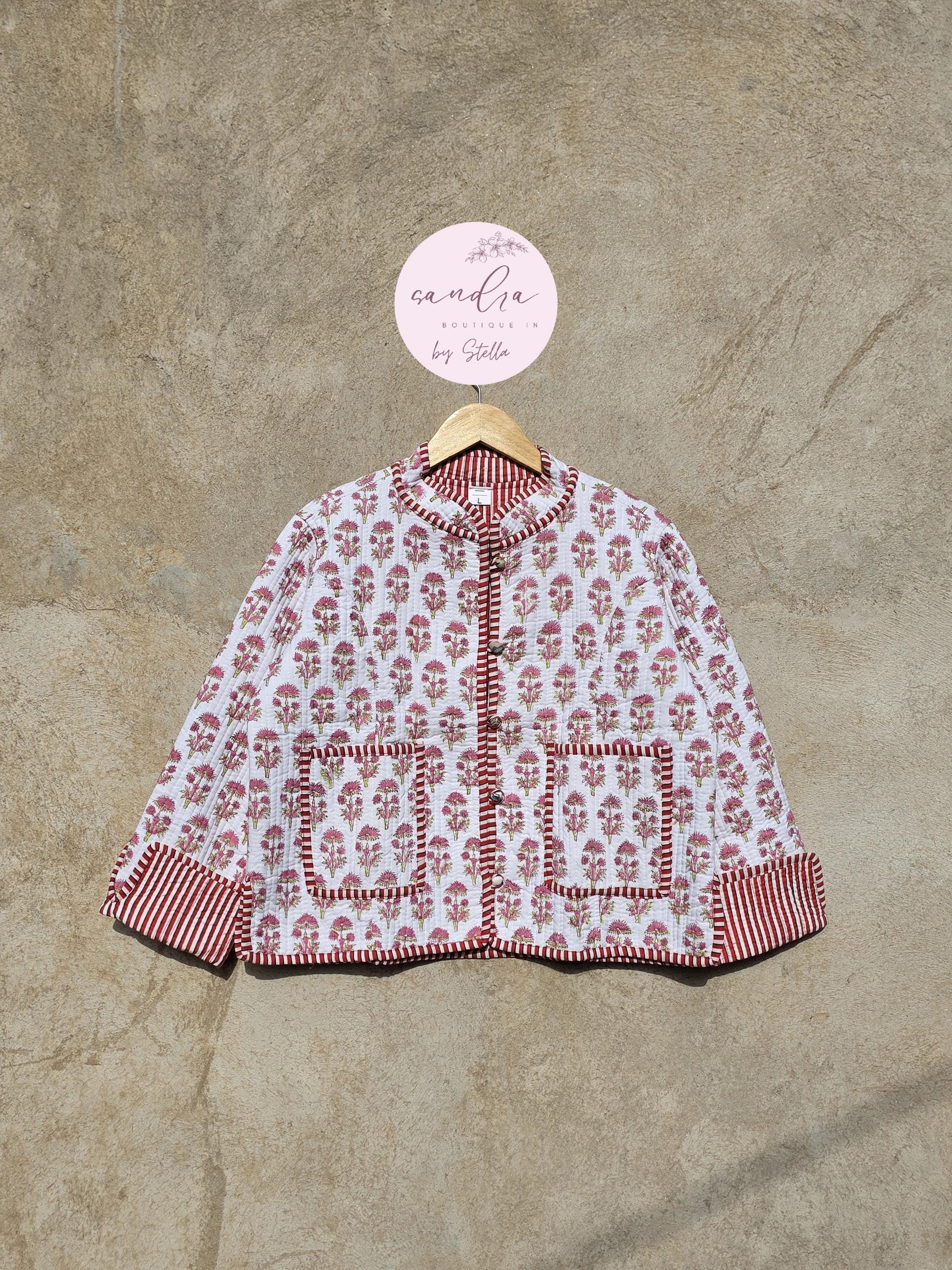 Cotton Handmade Kantha Quilted Jacket, White & Red Floral Reversible Women's Soft Coat, Vintage Indian Kimono Boho Jacket, Gift for Her