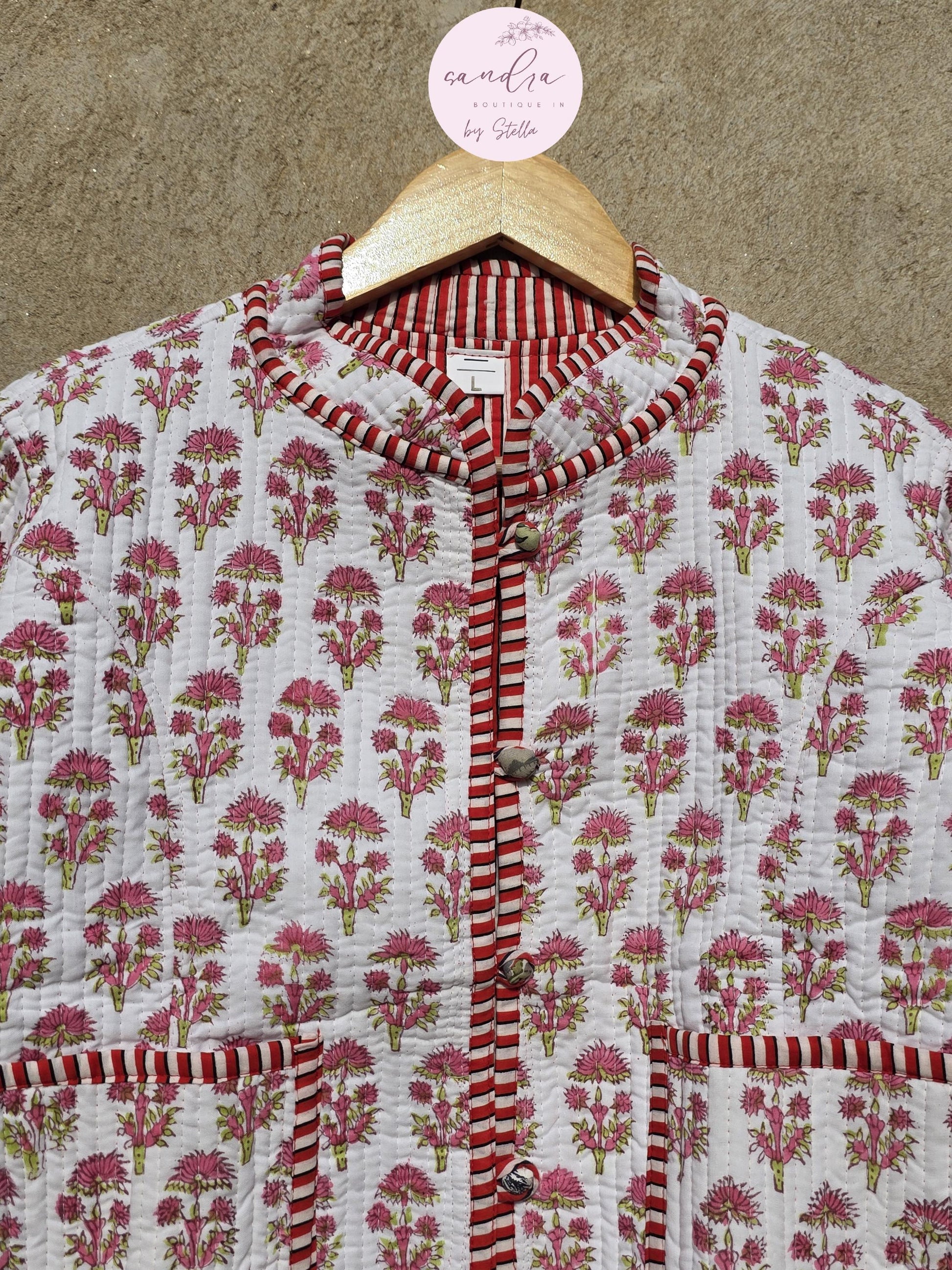 Cotton Handmade Kantha Quilted Jacket, White & Red Floral Reversible Women's Soft Coat, Vintage Indian Kimono Boho Jacket, Gift for Her